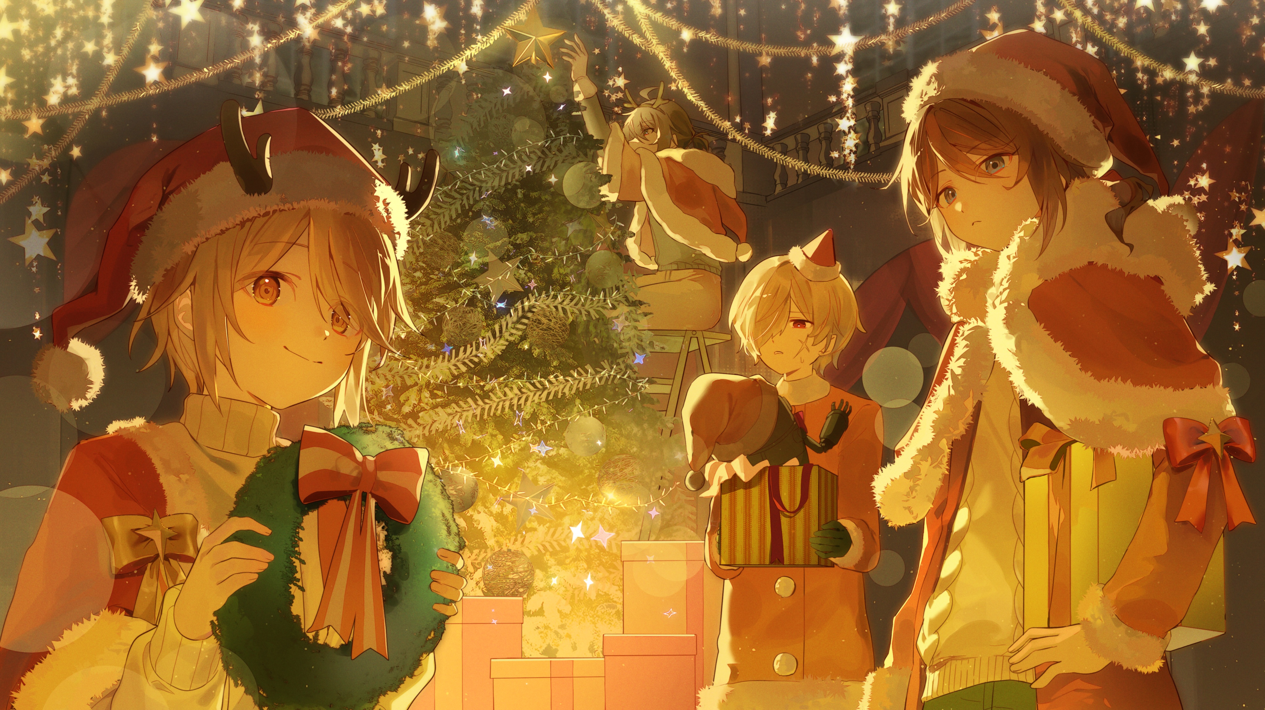 pba 471, andrew kreiss, edgar valden, luca balsa, victor grantz, identity v, absurdres, hashtag-only commentary, highres, 4boys, antlers, black gloves, blonde hair, bow, brown hair, capelet, cardigan, christmas star, christmas tree, cowboy shot, fake horns, fur-trimmed capelet, fur trim, gift, gloves, grey eyes, hair over shoulder, hand on own hip, hat, holding, holding gift, horns, long sleeves, male focus, medium hair, multiple boys, parted bangs, red bow, red capelet, red cardigan, red eyes, reindeer antlers, santa costume, santa hat, scar, scar on face, scenery, shirt bow, short hair, sidelocks, sitting, sleeve bow, smile, sweater, tree, tree-topper, upper body, white hair, white sweater, wreath, yellow bow