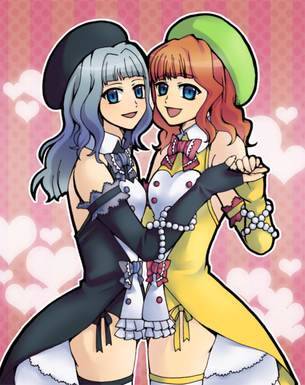 shiguya, furfur, zepar, umineko no naku koro ni, 00s, 1boy, 1girl, aqua eyes, beads, beret, blue hair, bow, brown bow, crossdressing, detached sleeves, dress, elbow gloves, fingerless gloves, gloves, green eyes, hat, hetero, holding hands, jewelry, long hair, orange hair, ribbon, smile, thighhighs, trap