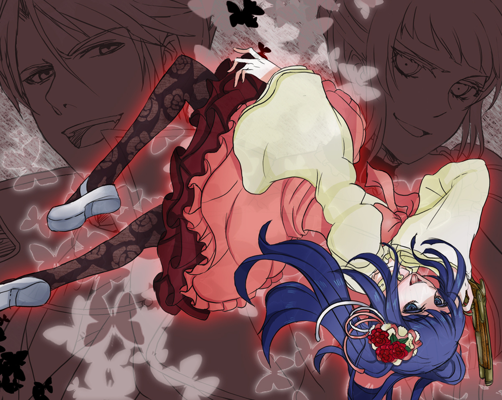 beatrice (umineko), furudo erika, ushiromiya battler, umineko no naku koro ni, spoilers, 00s, blue eyes, blue hair, bow, dress, gun, hair ornament, long hair, mary janes, pantyhose, shoes, smile, tongue, weapon