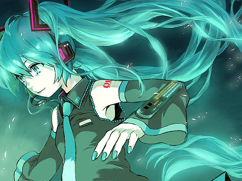 mrbr, hatsune miku, vocaloid, bad id, bad piapro id, 1girl, aqua eyes, aqua hair, aqua nails, detached sleeves, female focus, headphones, headset, long hair, nail polish, smile, solo, twintails, very long hair