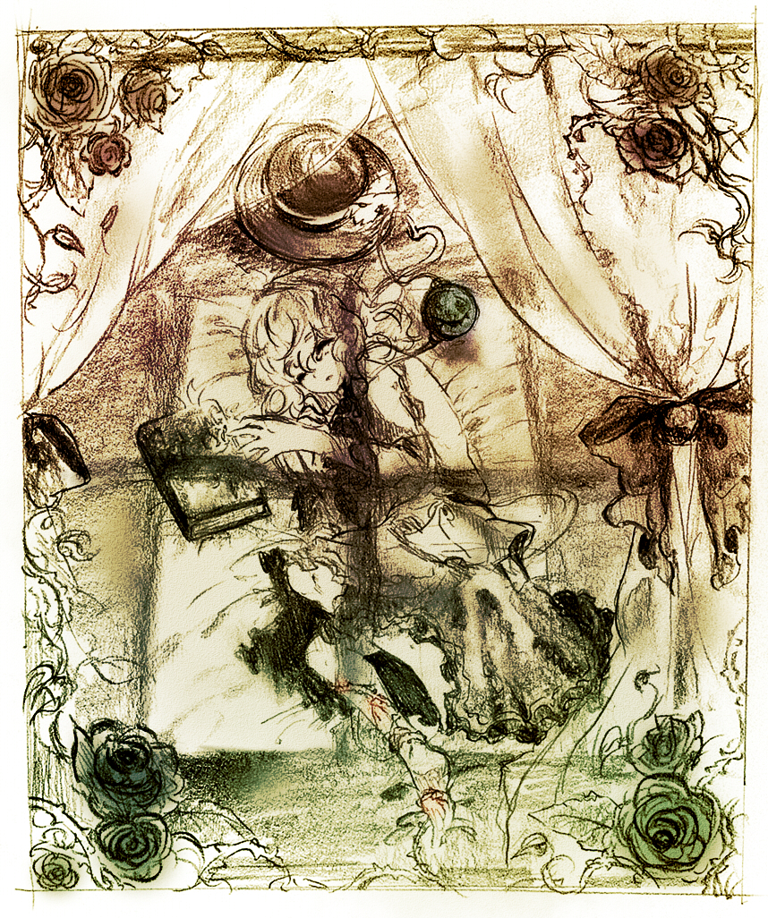 shiina aya, komeiji koishi, touhou, 1girl, book, female focus, flower, hat, indoors, lying, monochrome, plant, sepia, short hair, skirt, solo