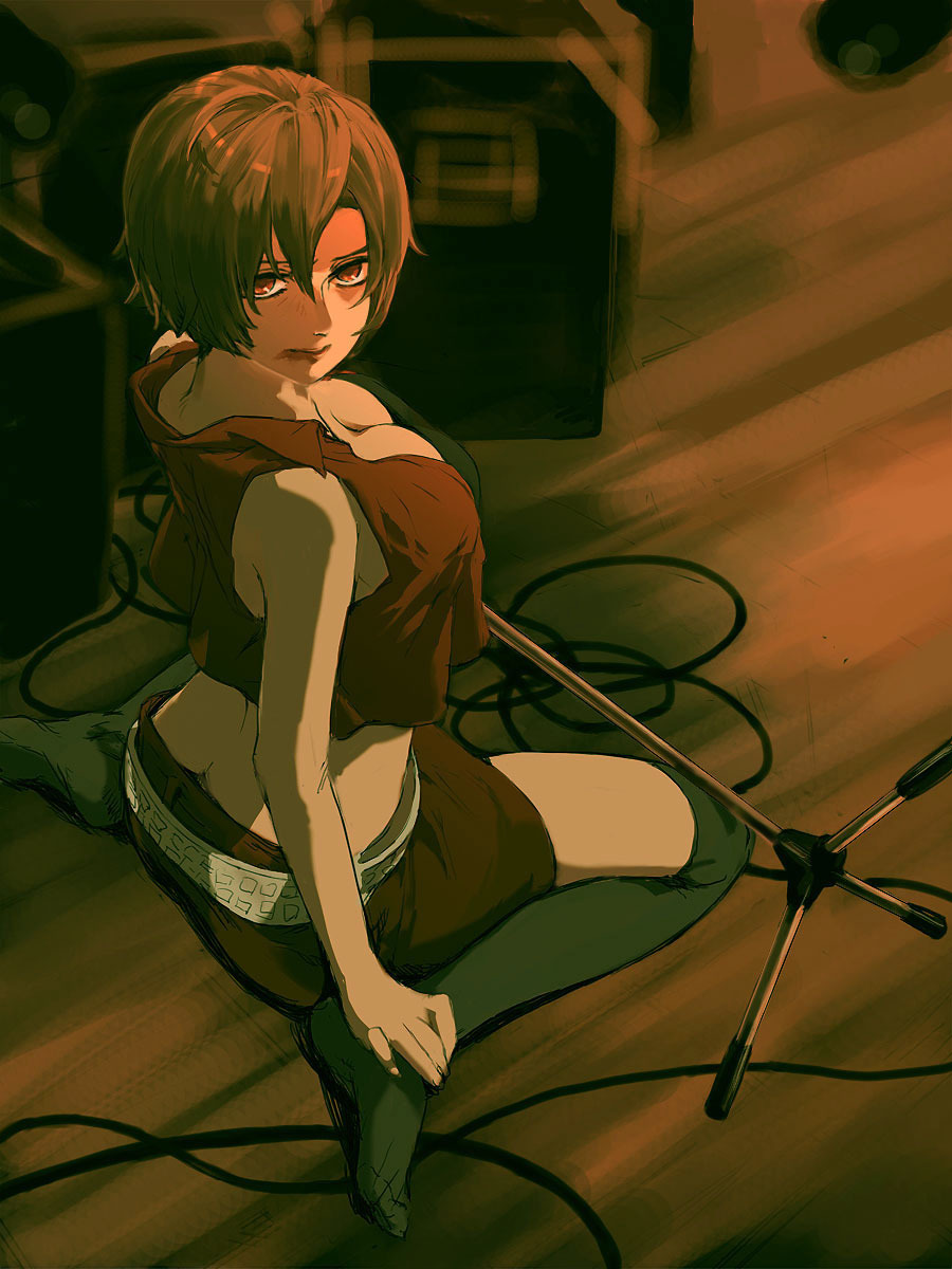 mrbr, meiko (vocaloid), vocaloid, bad id, bad piapro id, highres, 1girl, ass, breasts, brown eyes, brown hair, butt crack, cleavage, downblouse, downpants, female focus, kneehighs, large breasts, lipstick, looking back, makeup, microphone stand, short hair, sitting, skirt, socks, solo, thighhighs, wariza