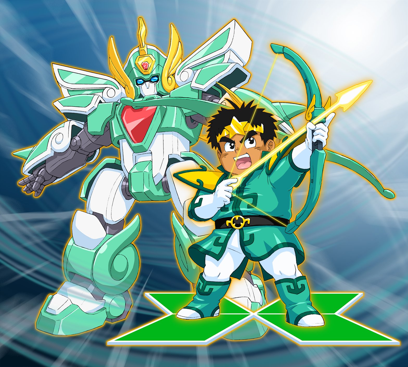 mizutani kenta, winzart, madou king granzort, commentary request, highres, 1boy, arm up, armor, arrow (projectile), belt, black belt, black eyes, black hair, boots, bow (weapon), drawing bow, gloves, green boots, green tunic, hand up, headband, holding, holding bow (weapon), holding weapon, male focus, mecha, open mouth, pants, robot, short hair, shoulder armor, standing, star (symbol), teeth, tunic, upper teeth only, weapon, white gloves, white pants, yamamoto gus, yellow headband