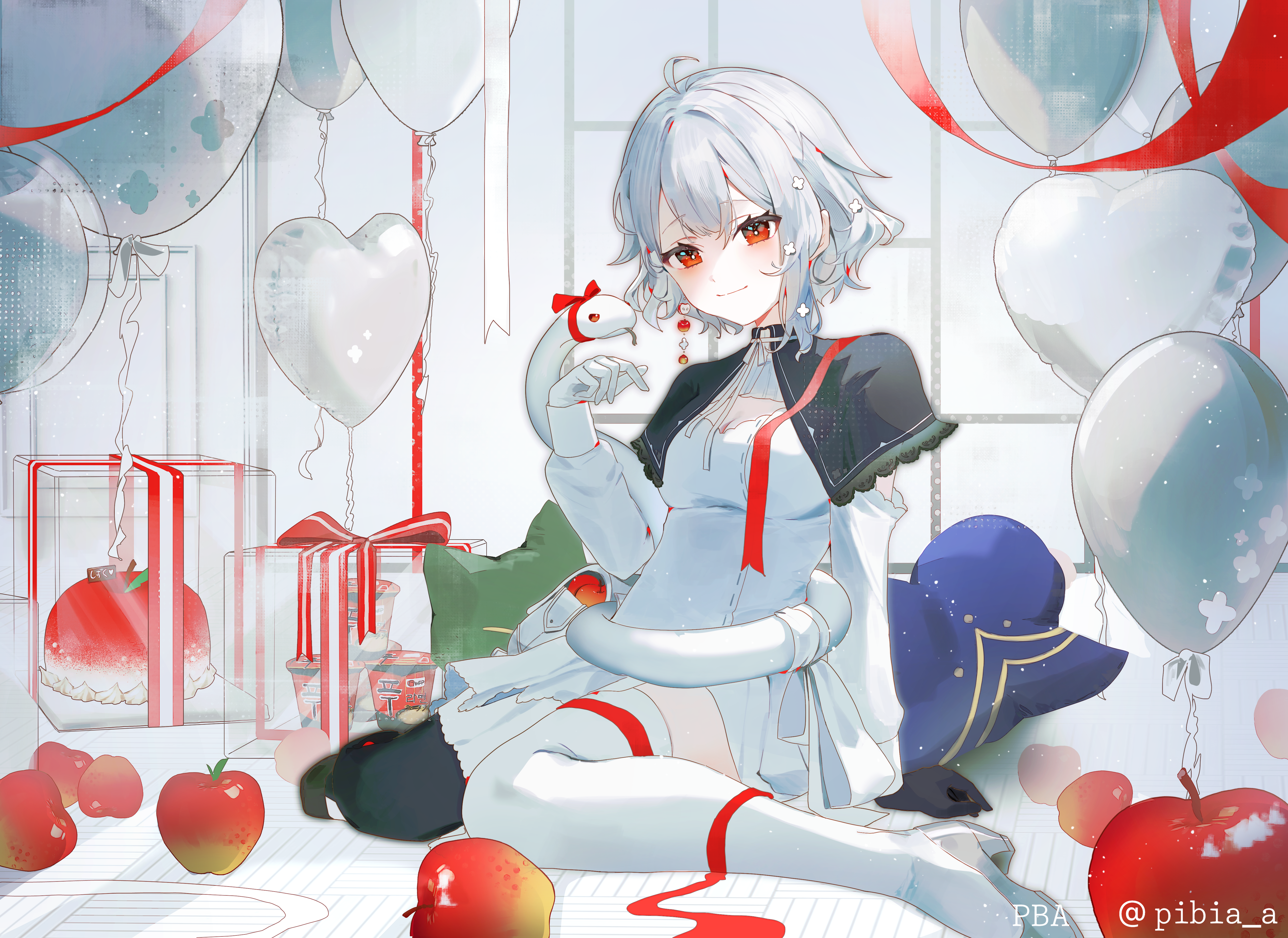 pba 471, shirona shizuku, neo-porte, absurdres, commentary, highres, 1girl, ahoge, apple, artist name, asymmetrical legwear, balloon, black capelet, black thighhighs, bow, breasts, cake, capelet, cleavage, detached sleeves, dress, food, fruit, full body, gloves, grey shoes, heart balloon, long sleeves, looking at viewer, red eyes, red ribbon, ribbon, shoes, short hair, small breasts, smile, snake, snake wrapped around body, solo, thighhighs, virtual youtuber, wavy hair, white bow, white dress, white gloves, white hair, white ribbon, white snake, white theme, white thighhighs, zettai ryouiki