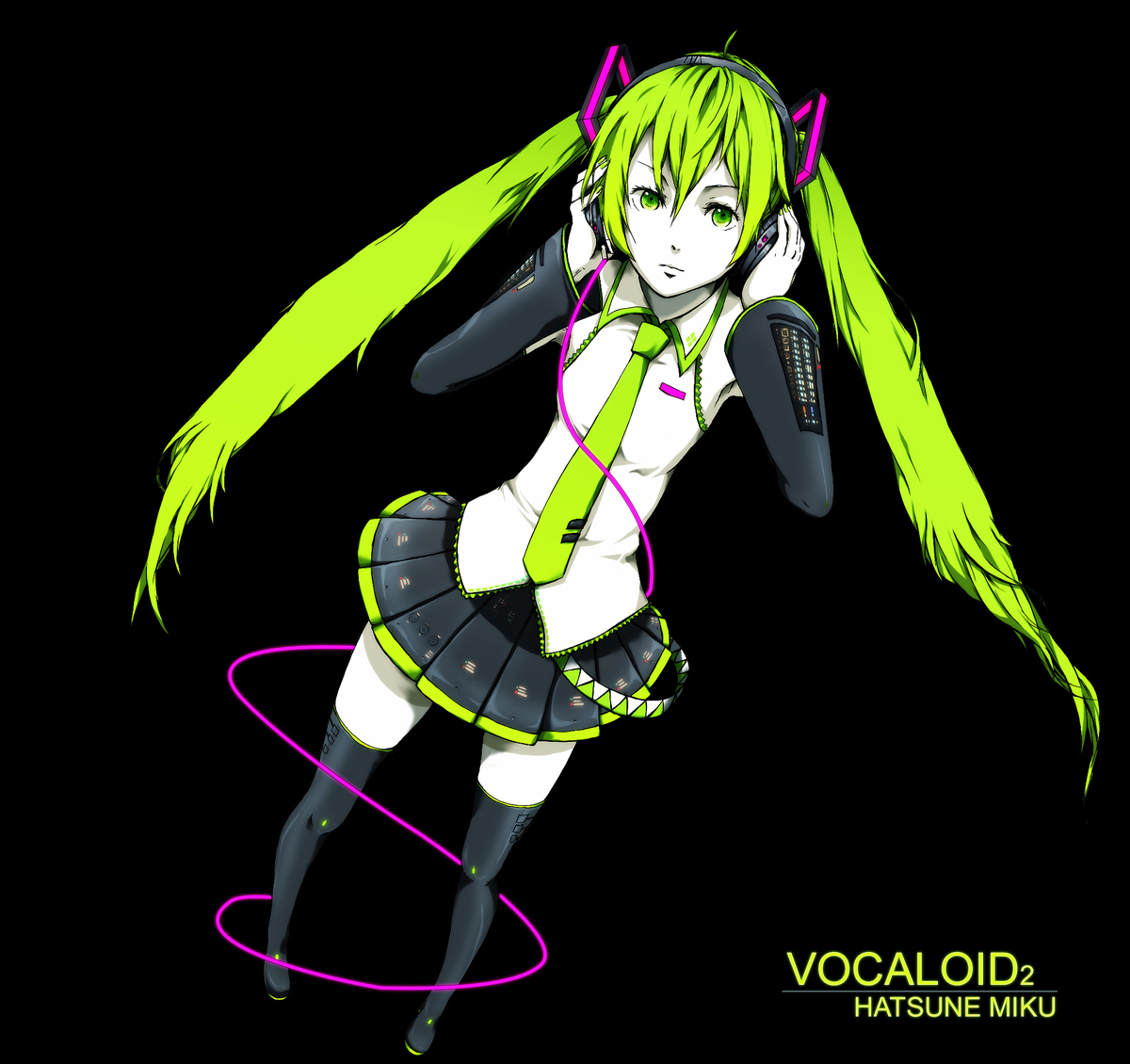 hatsune miku, pio, vocaloid, bad id, bad piapro id, 1girl, ahoge, detached sleeves, female focus, from above, full body, green eyes, green hair, headphones, long hair, matching hair/eyes, necktie, simple background, solo, thighhighs, twintails, very long hair