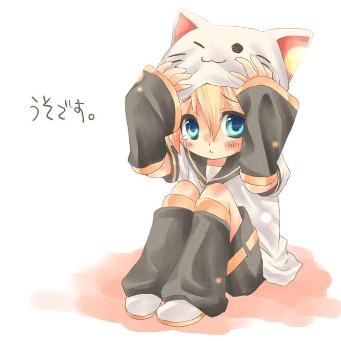 hashi moto, kagamine len, toeto (vocaloid), vocaloid, 1boy, aged down, animal hat, aqua eyes, blonde hair, blush, cat hat, full body, hat, male focus, solo, tears, white background