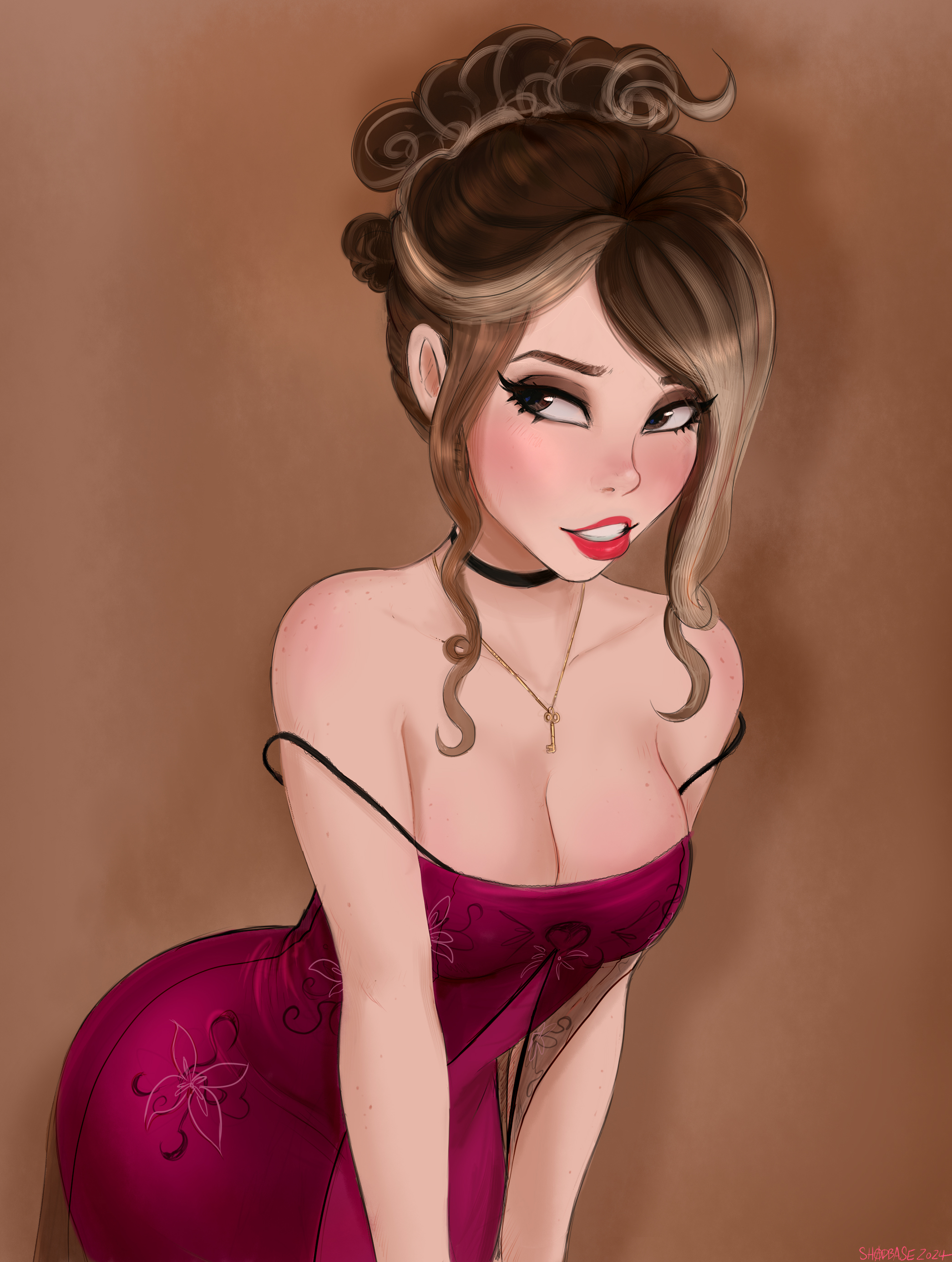 shadman, original, absurdres, highres, 1girl, 2024, bare shoulders, bent over, black choker, blonde hair, body freckles, breasts, brown eyeshadow, brown hair, choker, cleavage, dress, freckles, jewelry, key, key necklace, medium breasts, multicolored hair, necklace, red dress, red lips, sidelocks, signature, solo, strap slip, two-tone hair, upper body