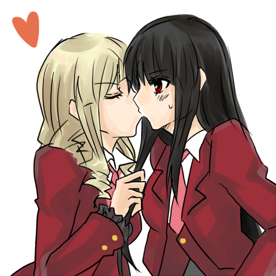 lucifer (umineko), satan (umineko), stakes of purgatory, umineko no naku koro ni, 00s, black hair, closed eyes, heart, kiss, necktie, red eyes, white hair, yuri