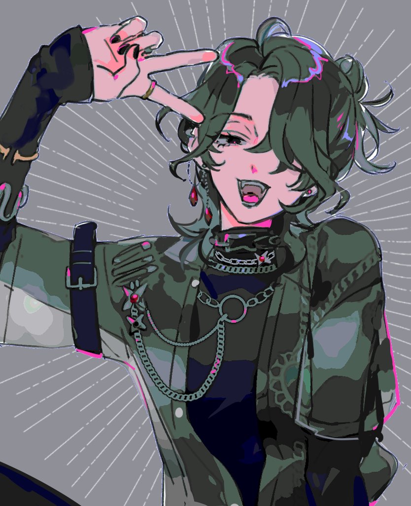 sakuma rei (ensemble stars!), ensemble stars!, commentary, 1boy, androgynous, arm strap, arm up, black nails, black shirt, bright me up!! (ensemble stars!), camouflage, camouflage jacket, chain, chain necklace, ear chain, earrings, fangs, grey background, hair over one eye, jacket, jewelry, linked piercing, long sleeves, male focus, medium hair, necklace, one side up, open clothes, open jacket, open mouth, piercing, red eyes, ring, rkchicm, shirt, sleeves past wrists, solo, stud earrings, tongue, upper body, v, wavy hair