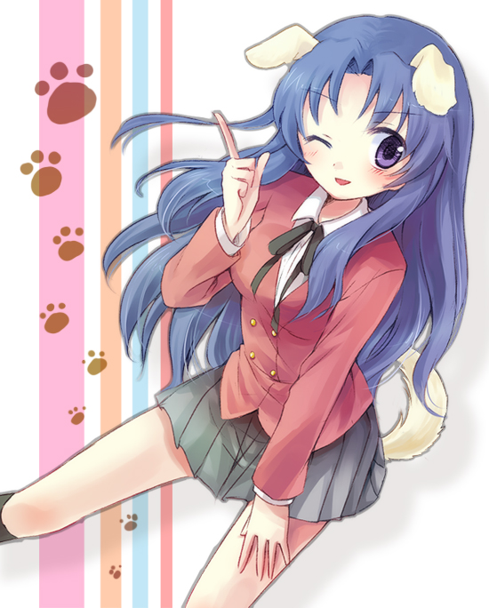 kuguri oimo, kawashima ami, toradora!, bad id, bad pixiv id, 00s, animal ears, blue hair, dog ears, dog tail, long hair, one eye closed, purple eyes, school uniform, solo, tail, wink