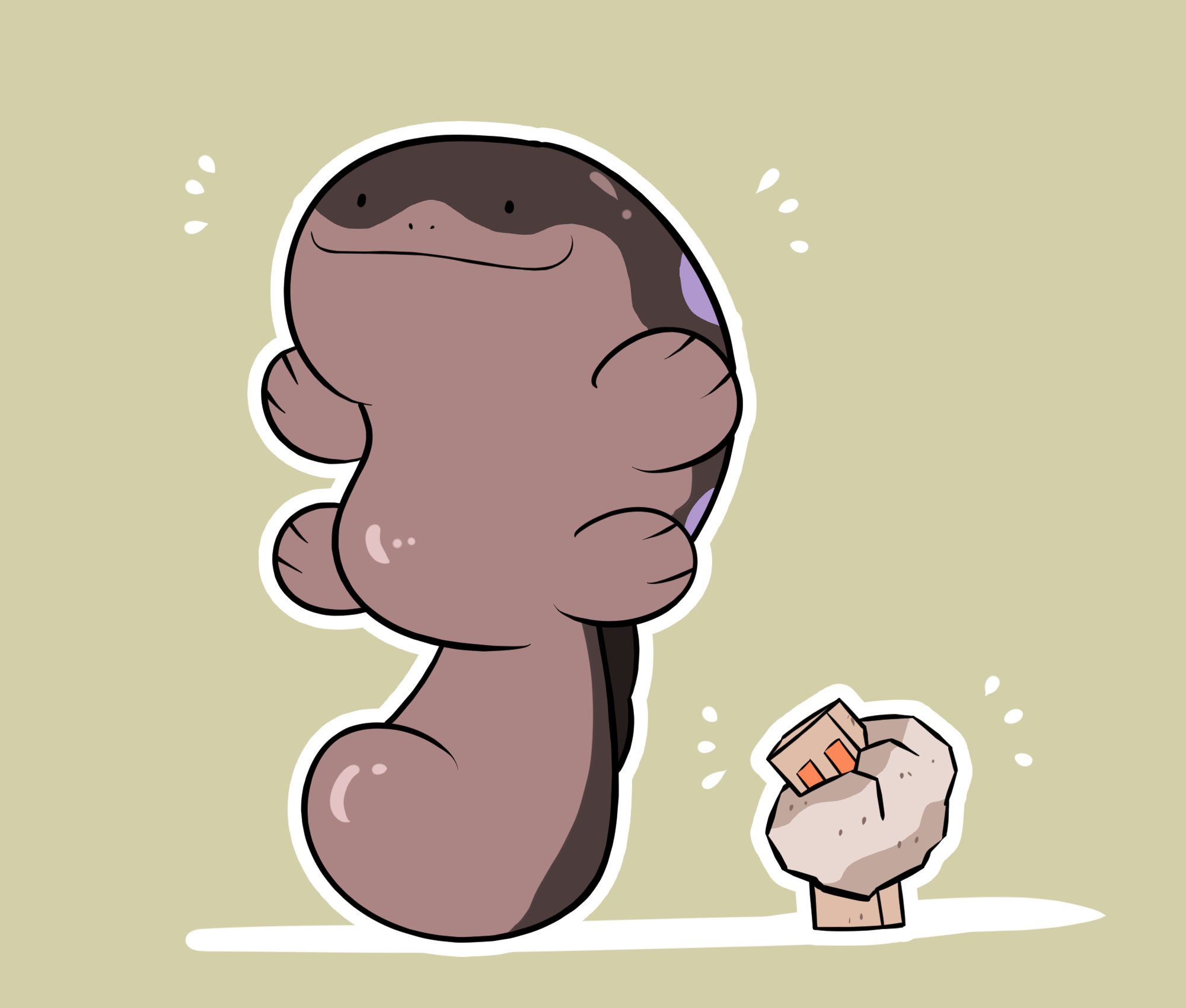 redny, clodsire, nacli, nintendo, pokemon, commentary request, highres, balancing on tail, brown background, closed mouth, full body, no humans, nostrils, outline, pokemon (creature), pokemon focus, rectangular eyes, simple background, smile, upside-down, white outline