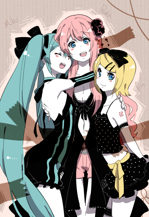 shuri (84k), hatsune miku, kagamine rin, megurine luka, vocaloid, 3girls, aqua eyes, aqua hair, armband, blonde hair, bow, bra, camisole, flower, girl sandwich, hair bow, hair flower, hair ornament, hair ribbon, hug, lingerie, long hair, midriff, multiple girls, pale skin, pink hair, ribbon, sandwiched, short hair, skirt, smile, twintails, underwear, very long hair
