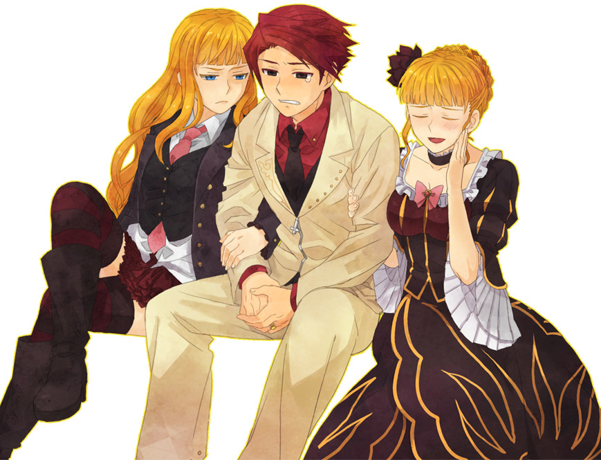 noshio, beatrice (umineko), ushiromiya battler, umineko no naku koro ni, bad id, bad pixiv id, 00s, 1boy, 2girls, blonde hair, blue eyes, blush, bow, choker, closed eyes, dress, dual persona, flower, formal clothes, multiple girls, necktie, pink necktie, red hair, rose, sitting, skirt, striped clothes, striped thighhighs, suit, tears, thighhighs, zettai ryouiki
