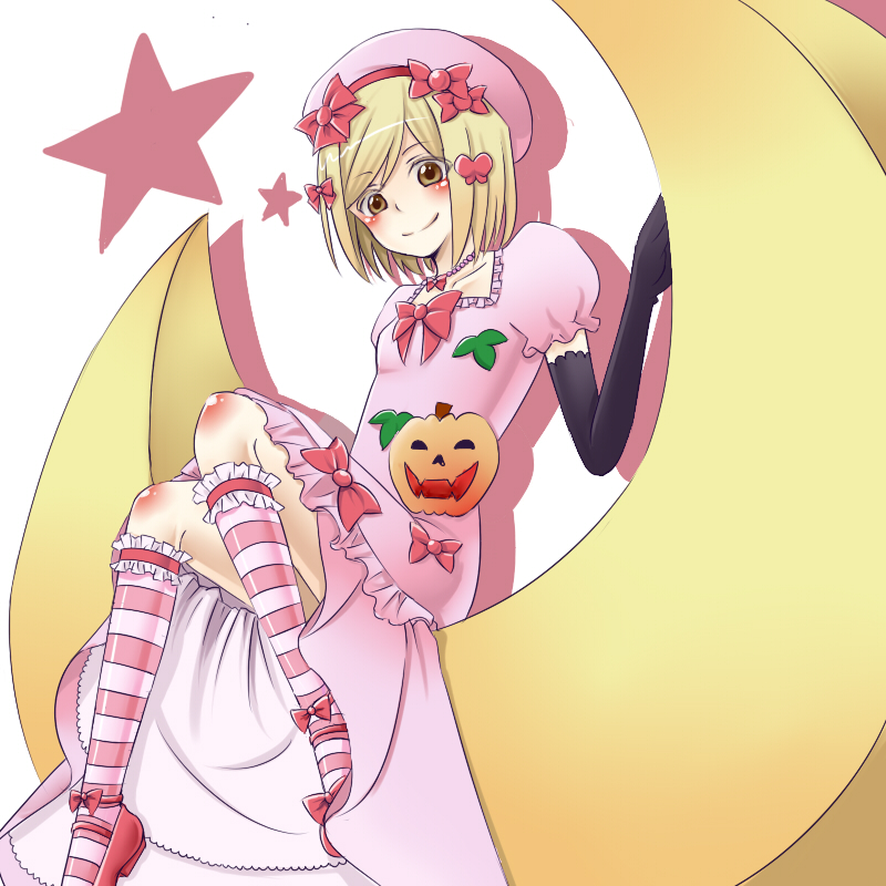 hiyokoya, lambdadelta, umineko no naku koro ni, 00s, 1girl, blonde hair, blush, bow, brown eyes, dress, elbow gloves, female focus, gloves, hat, kneehighs, moon, pink dress, pink hat, pumpkin, ribbon, sitting, smile, socks, solo, star (symbol), striped clothes, striped socks