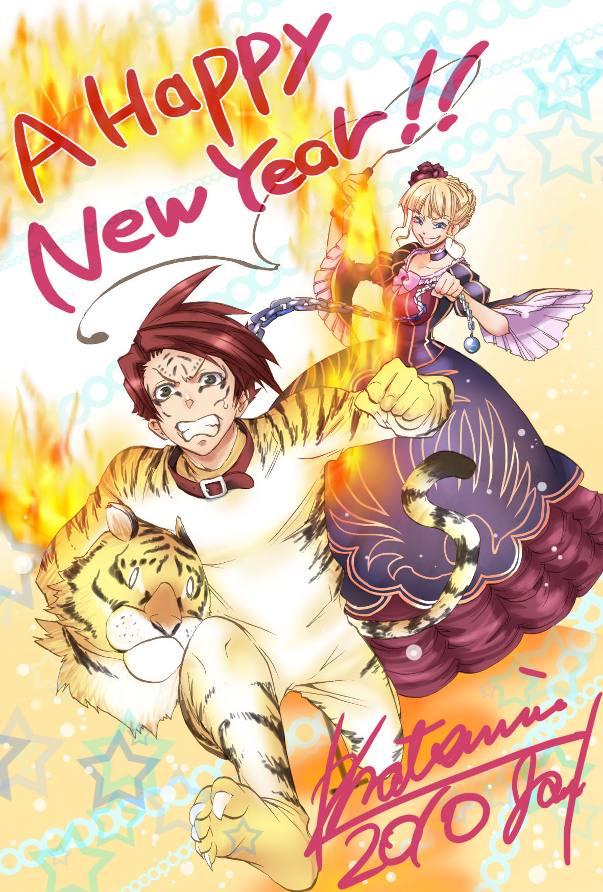 natsumi kei, beatrice (umineko), ushiromiya battler, umineko no naku koro ni, costume, highres, 00s, blue eyes, chain, collar, dress, flower, grin, red hair, rose, running, smile, tail, tiger