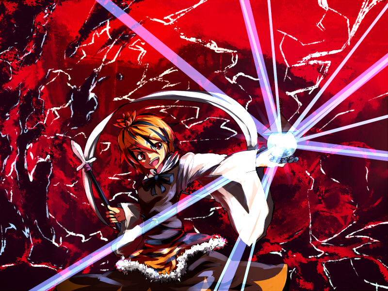 murani, toramaru shou, touhou, 1girl, bishamonten's pagoda, blonde hair, female focus, hair ornament, polearm, red eyes, shawl, short hair, solo, spear, standing, weapon