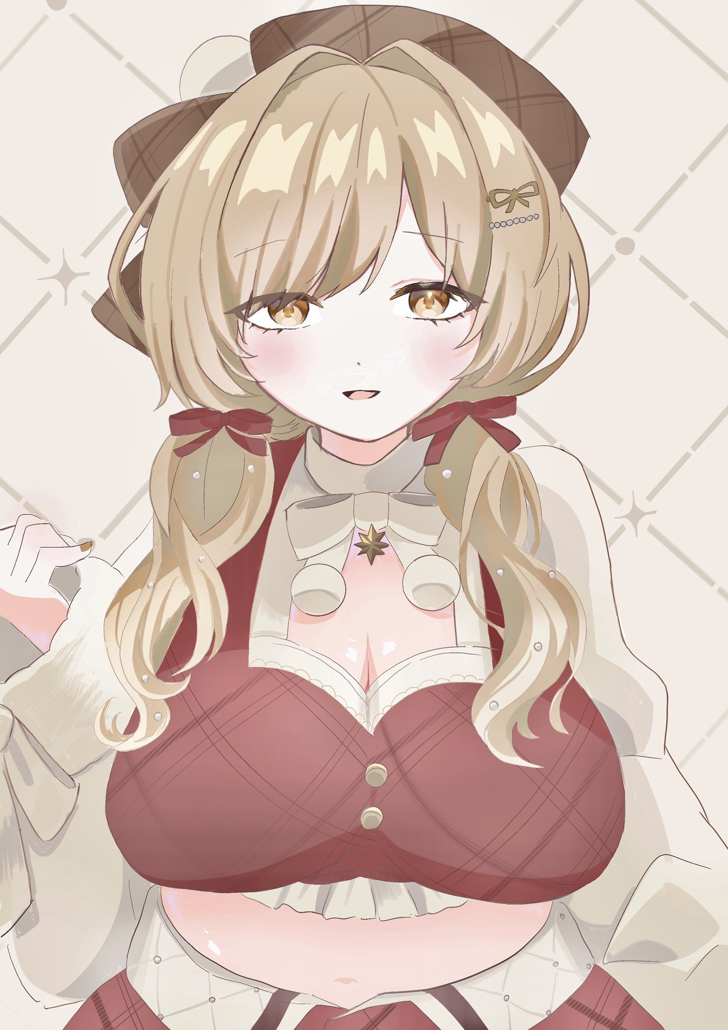 bready (nikke), goddess of victory: nikke, 1girl, alternate costume, belly, blush, bow, breasts, brown eyes, brown hair, brown hat, cleavage, cleavage cutout, clothing cutout, crop top, hair bow, hair ornament, hair over shoulder, hairclip, hat, large breasts, long hair, low twintails, midriff, mugimugimu, navel, open mouth, plump, red bow, red shirt, red skirt, shirt, skirt, smile, solo, standing, twintails