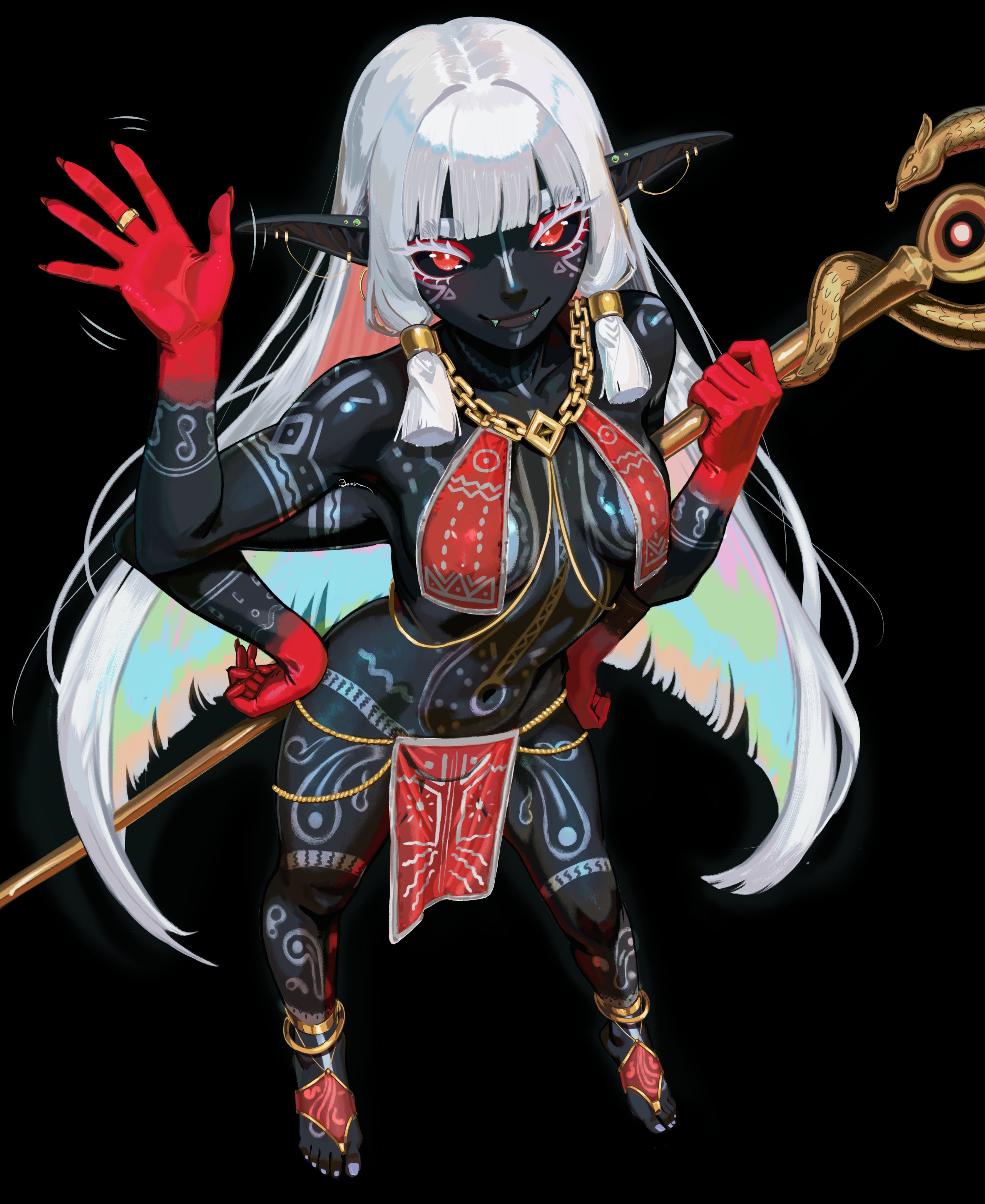 boagnnnnnnn, original, absurdres, commentary, commission, english commentary, highres, 1girl, arm tattoo, armlet, black background, black sclera, black skin, breasts, chain, cheek tattoo, closed mouth, colored extremities, colored eyelashes, colored inner hair, colored sclera, colored skin, dress, earrings, elf, extra arms, fangs, feet, fingernails, foot tattoo, full body, gold chain, hair intakes, hands on own hips, holding, holding staff, impossible clothes, jewelry, leg tattoo, long fingernails, long hair, looking at viewer, medium breasts, multicolored hair, nail polish, navel, pointy ears, rainbow hair, red eyes, red loincloth, red skin, ring, simple background, smile, solo, staff, standing, stomach tattoo, tattoo, toeless legwear, toenail polish, toenails, toes, tongue, tongue out, tribal tattoo, very long hair, waving, white eyelashes, white hair