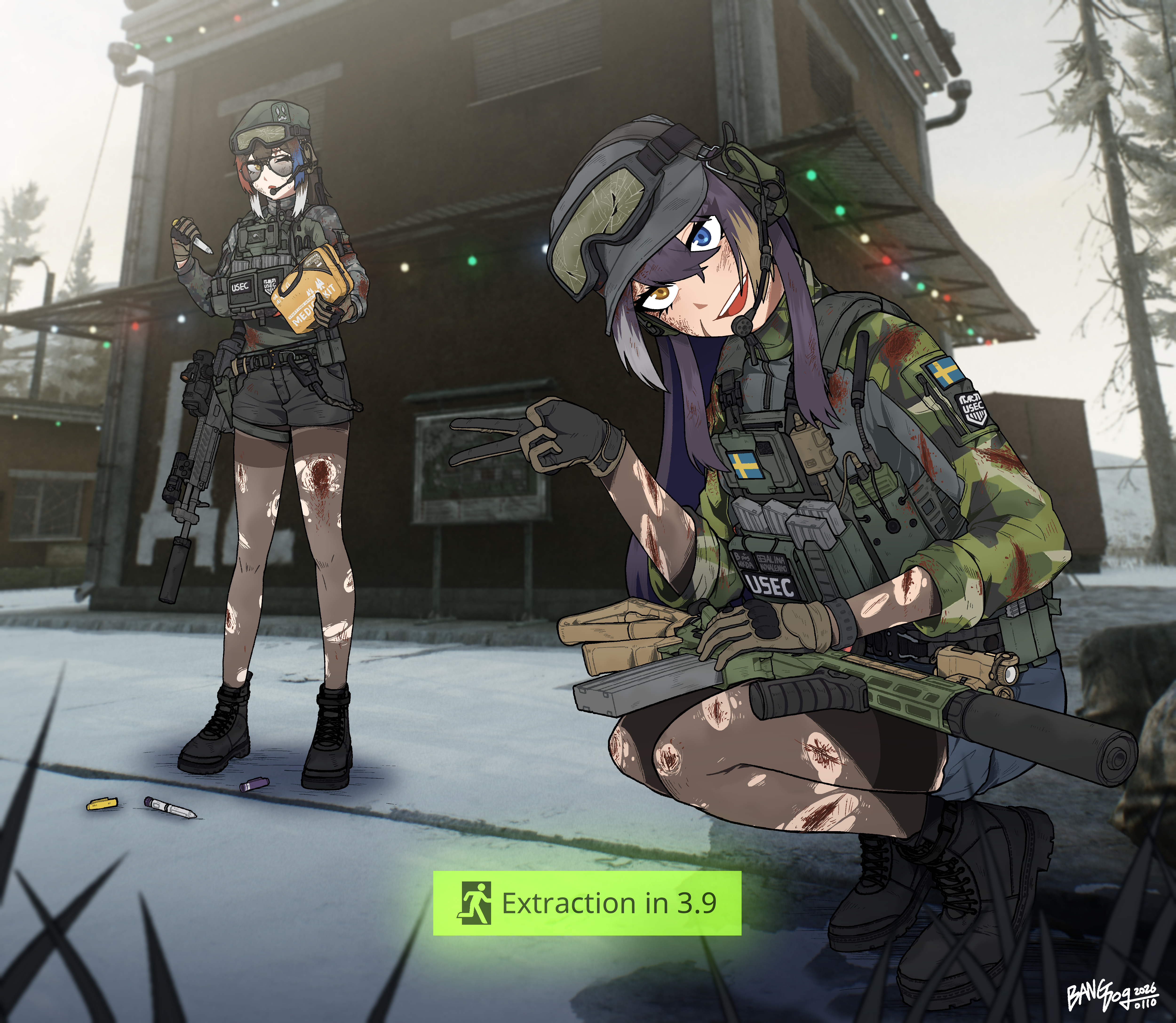 bangdog, escape from tarkov, absurdres, commentary, commentary request, commission, highres, 2girls, ammunition pouch, assault rifle, black boots, black gloves, blood, blue eyes, blue hair, boots, brown gloves, brown hair, camouflage, camouflage jacket, camouflage pants, daewoo k2, day, deep wound, digital camouflage, dirty, dirty face, english text, eyewear on headwear, facial scar, game screenshot background, gloves, goggles, grey hair, gun, hat, headset, helmet, heterochromia, holding, injury, jacket, load bearing vest, looking at viewer, military, military combat uniform, military operator, military uniform, multicolored gloves, multicolored hair, multiple girls, open mouth, outdoors, pants, pantyhose, peaked cap, pouch, purple hair, red hair, rifle, sako m23, scar, scar on cheek, scar on face, scope, screenshot background, smile, squatting, streaked hair, suppressor, swedish flag, syringe, teeth, torn clothes, torn pantyhose, twitter username, two-tone gloves, upper teeth only, v, weapon, white hair, yellow eyes