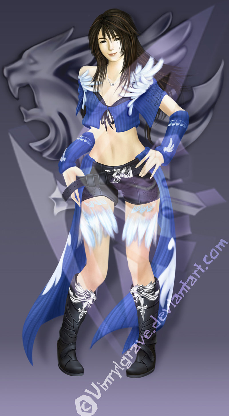 griever, rinoa heartilly, final fantasy, final fantasy viii, highres, 1990s (style), black hair, boots, feathers, long hair, midriff, multicolored hair, skirt, streaked hair
