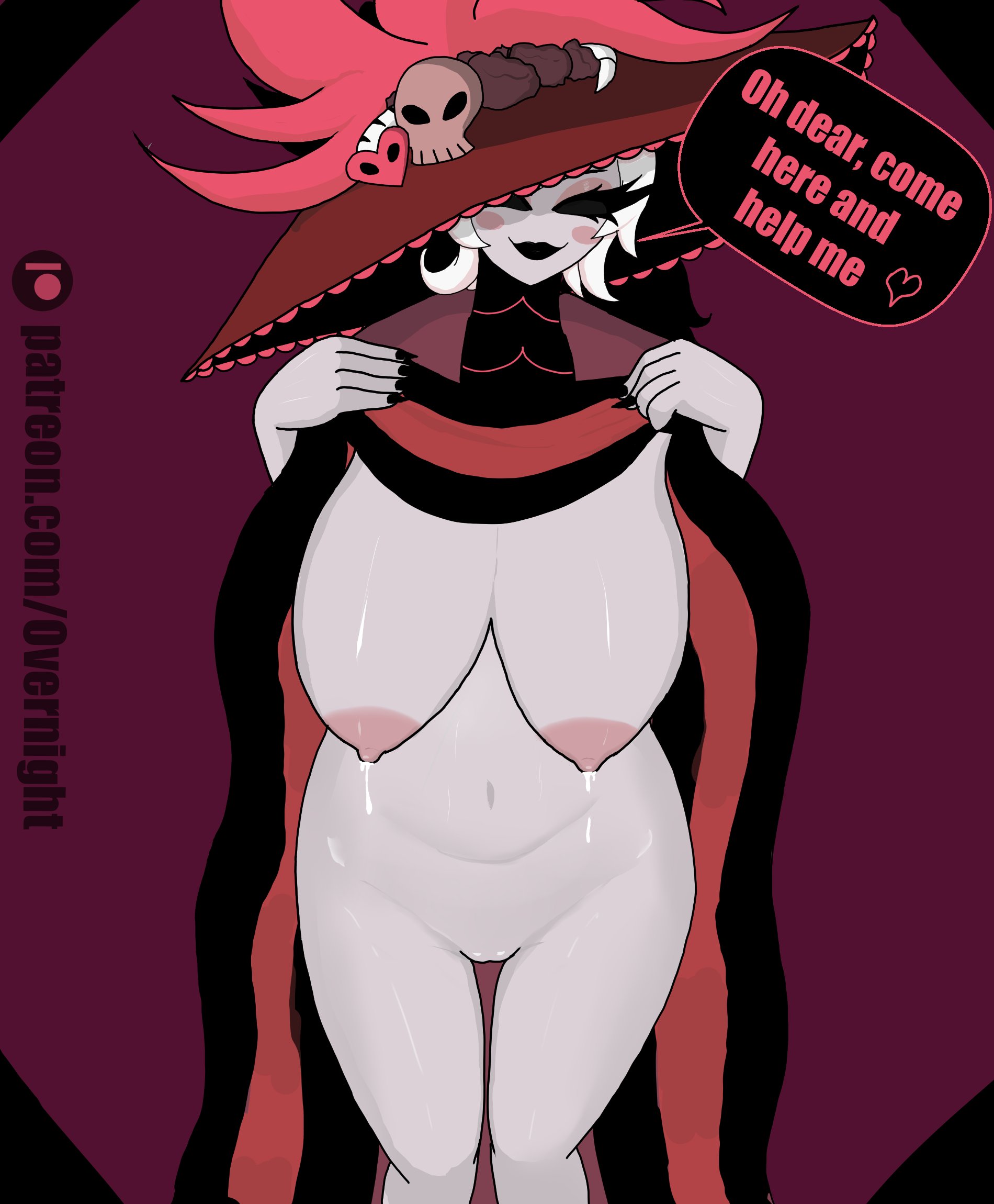 overnight, rosie (hazbin hotel), hazbin hotel, hellaverse, commentary, english commentary, highres, black eyes, black lips, breasts, clothes lift, colored skin, deep skin, eyelashes, grey skin, lactation, large breasts, leaking, looking at viewer, plump, skirt, skirt lift, undressing, wide hips