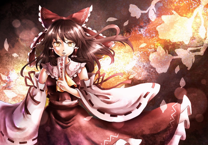 namu (artist), namuko, hakurei reimu, touhou, european clothes, 1girl, black hair, bow, detached sleeves, female focus, flower, hair bow, japanese clothes, miko, plant, solo, tree, yellow eyes