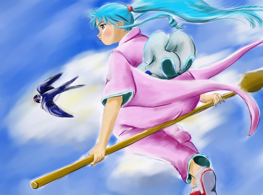 botan (yu yu hakusho), yuu yuu hakusho, 1girl, bird, blue hair, female focus, flying, japanese clothes, kimono, oar, ponytail, sidesaddle, solo