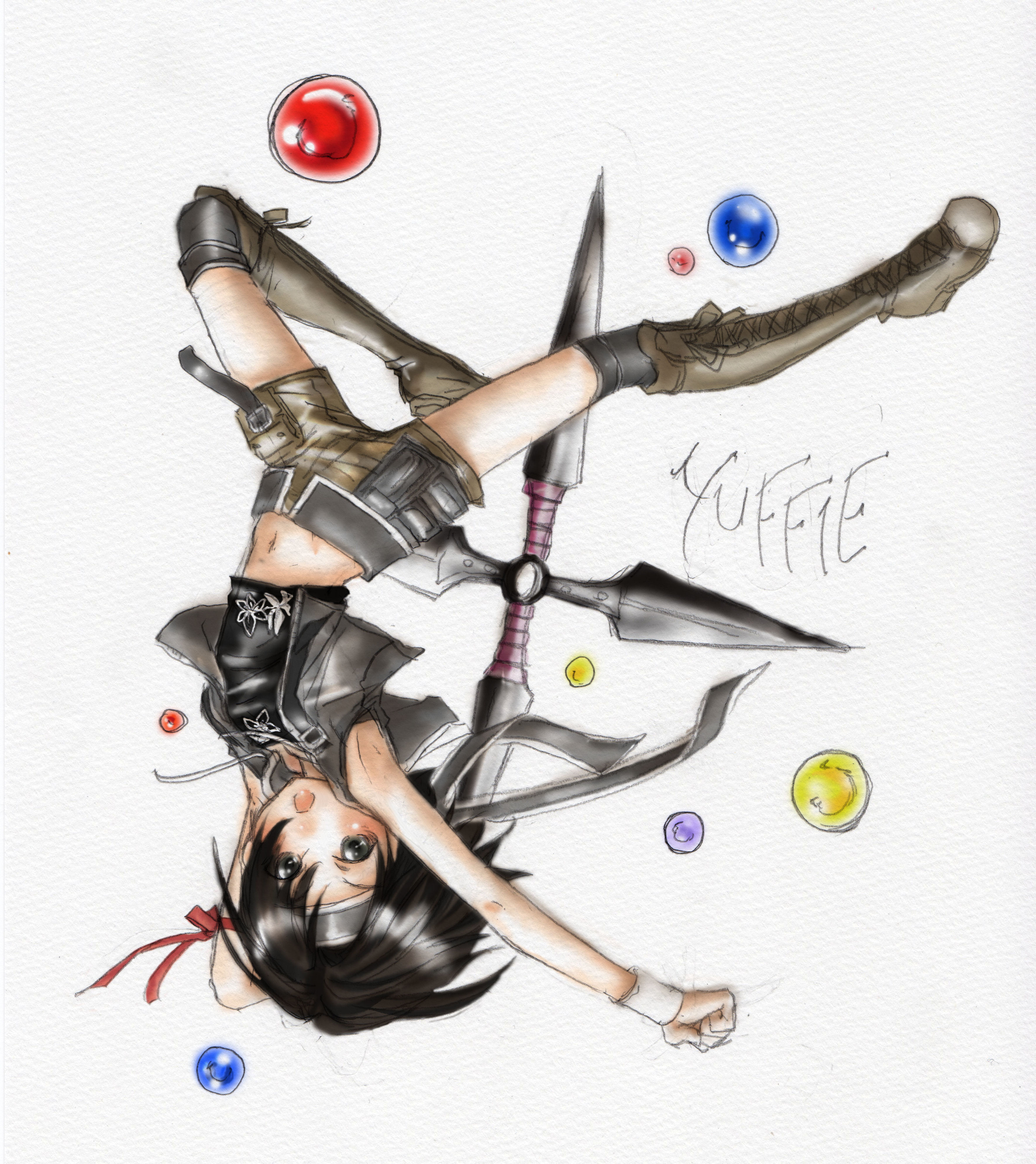 kasasagi nue, yuffie kisaragi, final fantasy, final fantasy vii, final fantasy vii: advent children, absurdres, highres, 00s, 1990s (style), black hair, boots, brown eyes, headband, jumping, materia, midriff, retro artstyle, ribbon, short hair, shorts, shouting, shuriken, solo, throwing, upside-down, vest, weapon