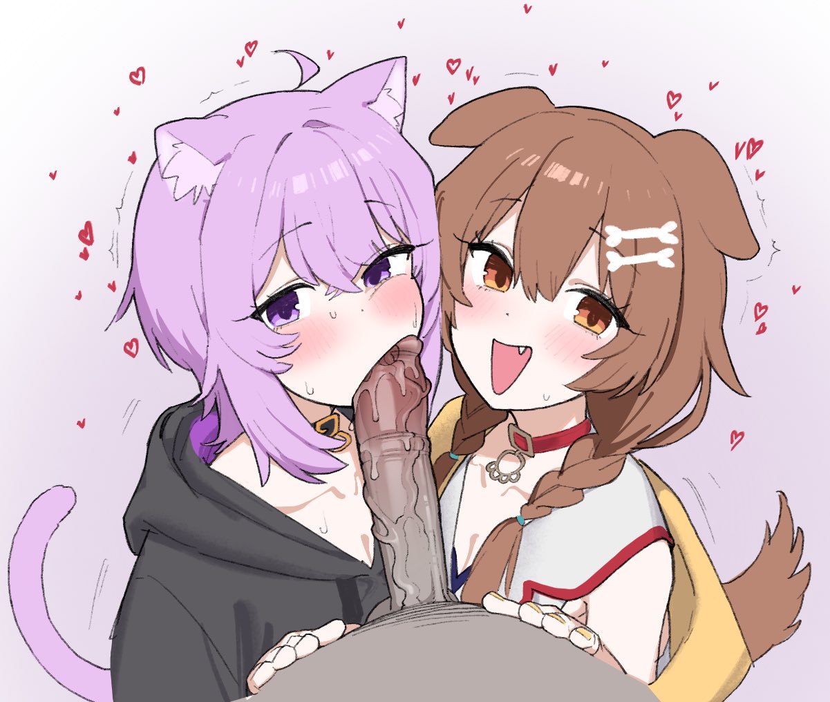 fried bocky, inugami korone, inugami korone (1st costume), nekomata okayu, nekomata okayu (1st costume), hololive, commentary, 1boy, 2girls, ahoge, animal collar, animal ears, black collar, black hoodie, bone hair ornament, braid, brown eyes, brown hair, brown tail, cat ears, cat girl, cat tail, clothed female nude male, collar, crossed bangs, dog ears, dog girl, dog tail, double-parted bangs, dress, extra ears, fellatio, ffm threesome, group sex, hair between eyes, hair ornament, hairclip, heart, hetero, hood, hoodie, jacket, just the tip, long hair, long sleeves, looking at viewer, low twin braids, multiple girls, nude, open mouth, oral, penis, pov, pov crotch, purple eyes, purple hair, short hair, tail, threesome, twin braids, uncensored, virtual youtuber, white dress, yellow jacket