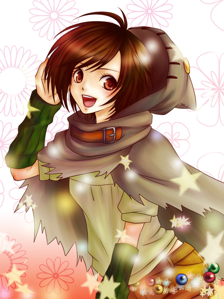 yusoson, yuffie kisaragi, dirge of cerberus: final fantasy vii, final fantasy, final fantasy vii, 1990s (style), antenna hair, brown eyes, brown hair, cloak, detached sleeves, hair flip, hood, looking back, materia, retro artstyle, short hair, shorts, smile, solo