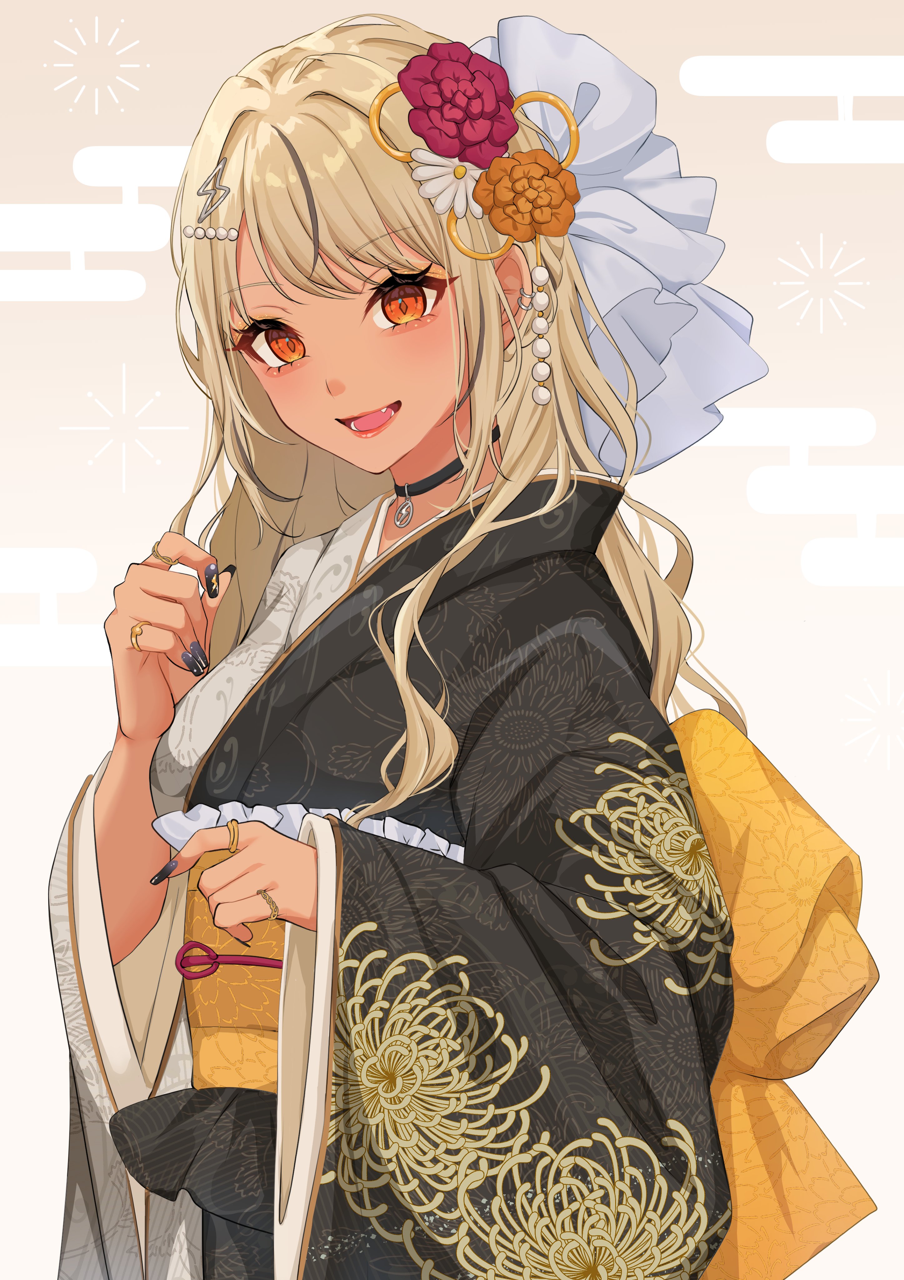 miya ( 32miya107), kaminari qpi, vspo!, absurdres, commentary, highres, 1girl, black choker, black nails, choker, egasumi, floral print, floral print kimono, flower, hair flower, hair ornament, japanese clothes, jewelry, kimono, lightning bolt, lightning bolt hair ornament, lightning bolt symbol, long hair, looking at viewer, multiple rings, nail polish, obi, obijime, open mouth, orange hair, print kimono, ring, sash, solo, tan, virtual youtuber