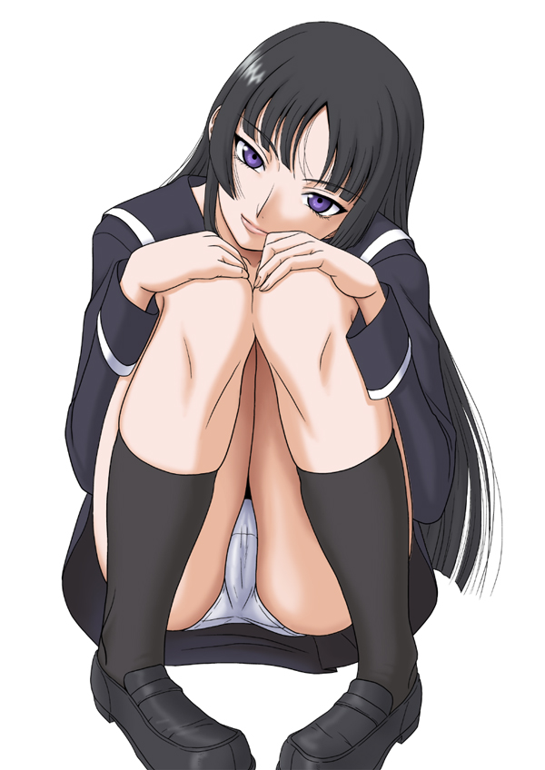 misnon the great, isayama yomi, ga-rei, ga-rei zero, 00s, 1girl, black hair, blunt bangs, female focus, hime cut, lips, long hair, panties, pantyshot, purple eyes, school uniform, sitting, solo, squatting, underwear