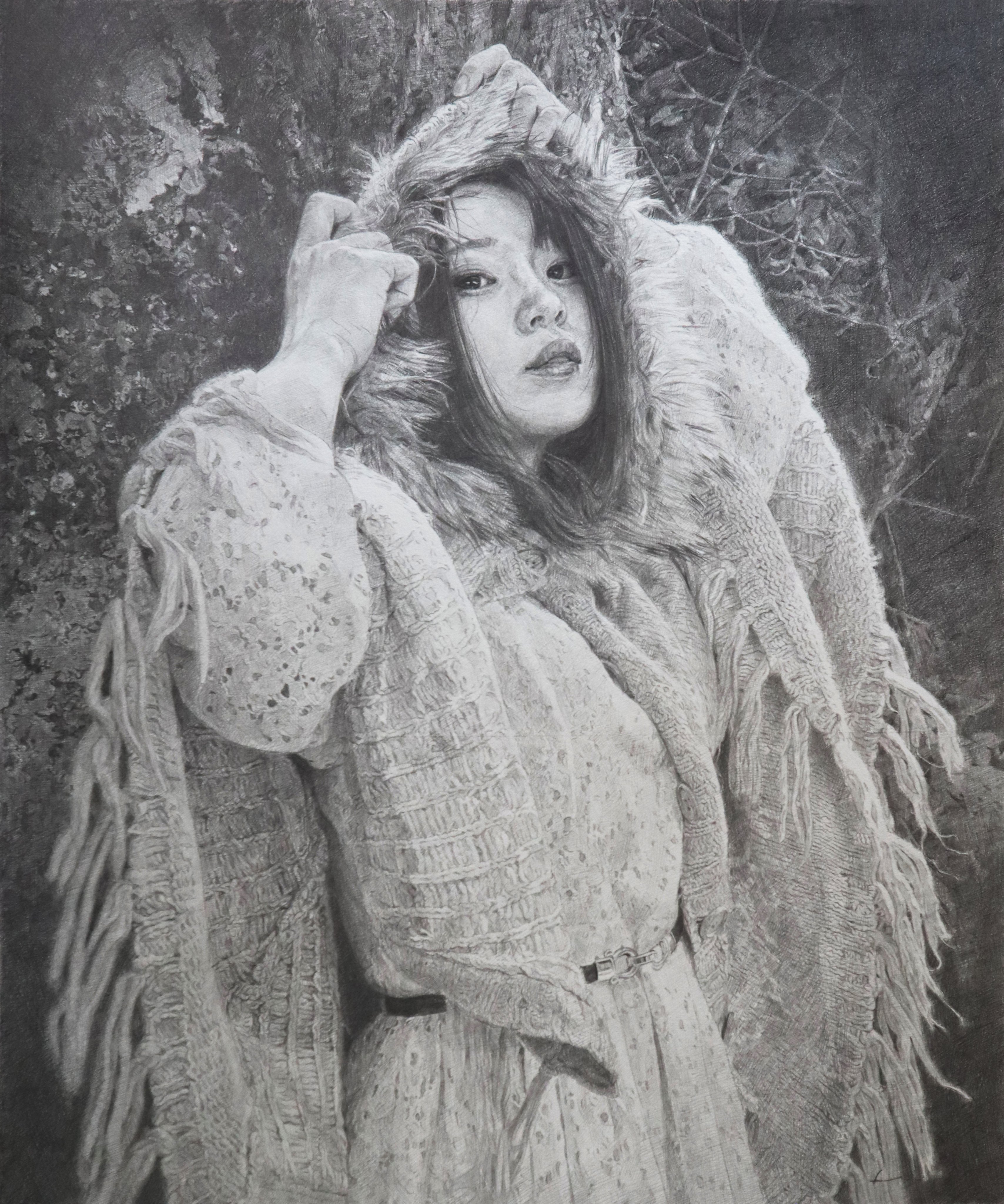 naohiro ito, original, absurdres, commentary request, highres, oil painting (medium), painting (medium), traditional media, 1girl, asian, black hair, hood, hood up, hooded jacket, jacket, long hair, looking at viewer, photorealistic, realistic, solo, tree