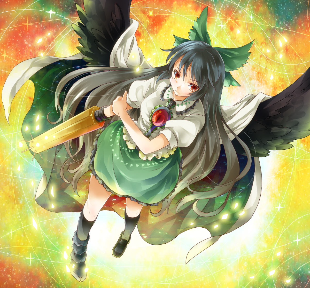 michii yuuki, reiuji utsuho, touhou, bad id, bad pixiv id, 1girl, black hair, bow, female focus, full body, gradient background, hair bow, long hair, red eyes, skirt, solo, wings