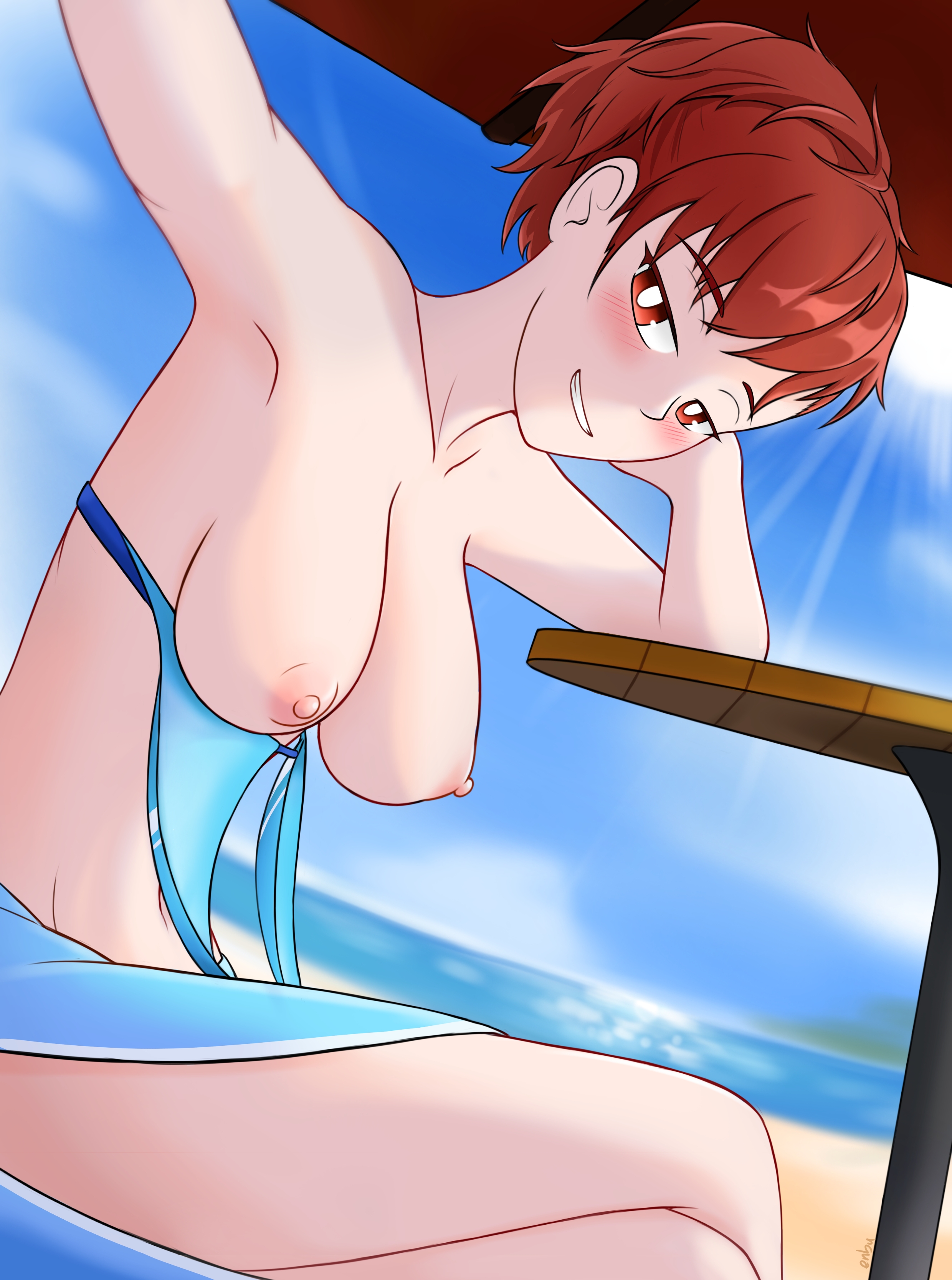 enbu (enbu steel00), shiomi kotone, persona, persona 3, persona 3 portable, absurdres, commentary, english commentary, highres, 1girl, beach, bikini, blue sky, blush, breasts, brown hair, cloud, day, looking at viewer, nipples, ocean, open mouth, outdoors, red eyes, short hair, sky, smile, solo, sunlight, swimsuit, water