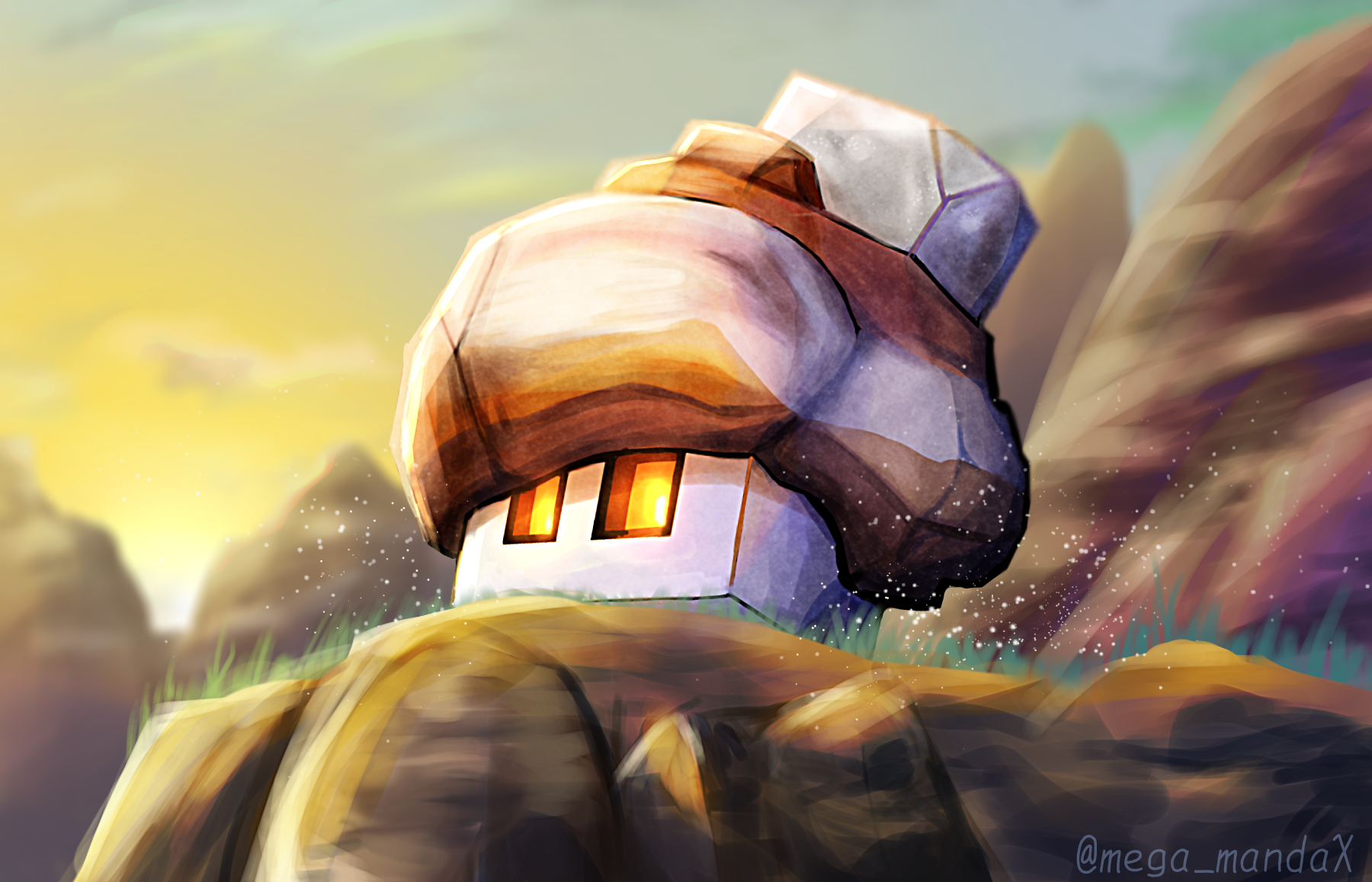 mega mandax, nacli, nintendo, pokemon, commentary request, highres, cloud, full body, grass, no humans, outdoors, pokemon (creature), pokemon focus, rectangular eyes, salt, sky, solo, twitter username