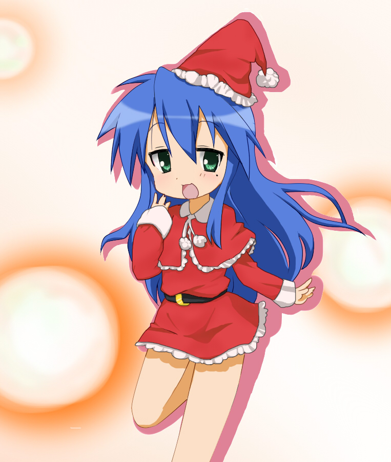 tanaka 1717, izumi konata, lucky star, bad id, bad pixiv id, 00s, 1girl, blue hair, christmas, female focus, green eyes, hat, long hair, mole, mole under eye, santa costume, santa hat, solo