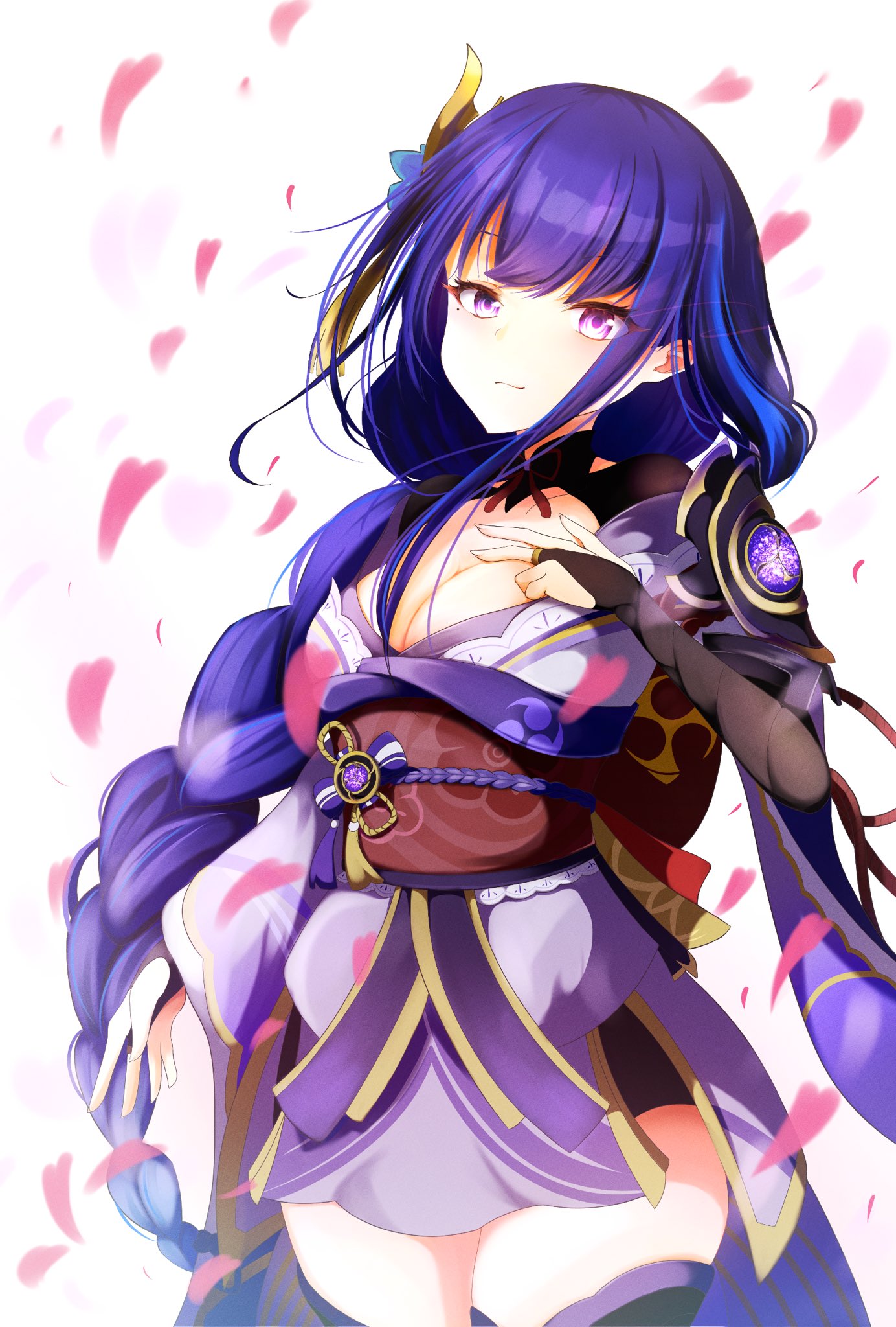 raiden shogun, genshin impact, commentary, highres, 1girl, armor, back bow, blunt bangs, bow, braid, breasts, bridal gauntlets, closed mouth, falling petals, hair ornament, head tilt, japanese clothes, kimono, lingerie, long braid, looking at viewer, mitsudomoe (shape), mole, mole under eye, multicolored hair, neck ribbon, petals, purple eyes, purple hair, purple kimono, purple thighhighs, red ribbon, red sash, ribbon, sash, shade, shoulder armor, single braid, solo, standing, streaked hair, thighhighs, tomoe (symbol), underwear, white background, yukinokaze