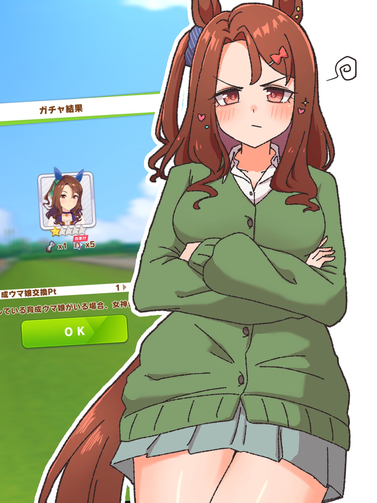 echieichi, king halo (umamusume), umamusume, commentary request, highres, 1girl, animal ears, blue skirt, brown hair, crossed arms, green shirt, hair ornament, hairclip, horse ears, horse girl, horse tail, looking at viewer, medium hair, miniskirt, red eyes, shirt, skirt, solo, tail