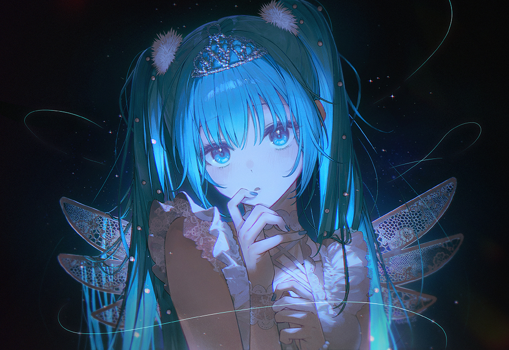 nagu, hatsune miku, vocaloid, commentary, english commentary, 1girl, aqua eyes, aqua hair, aqua nails, black background, dot nose, fake wings, finger to mouth, frills, glowing, hair ornament, hands up, lace, lace trim, lace wrist cuffs, light blush, long hair, looking at viewer, multiple wings, nail polish, parted lips, pom pom (clothes), pom pom hair ornament, silver tiara, sleeveless, solo, tiara, twintails, upper body, white wings, wings