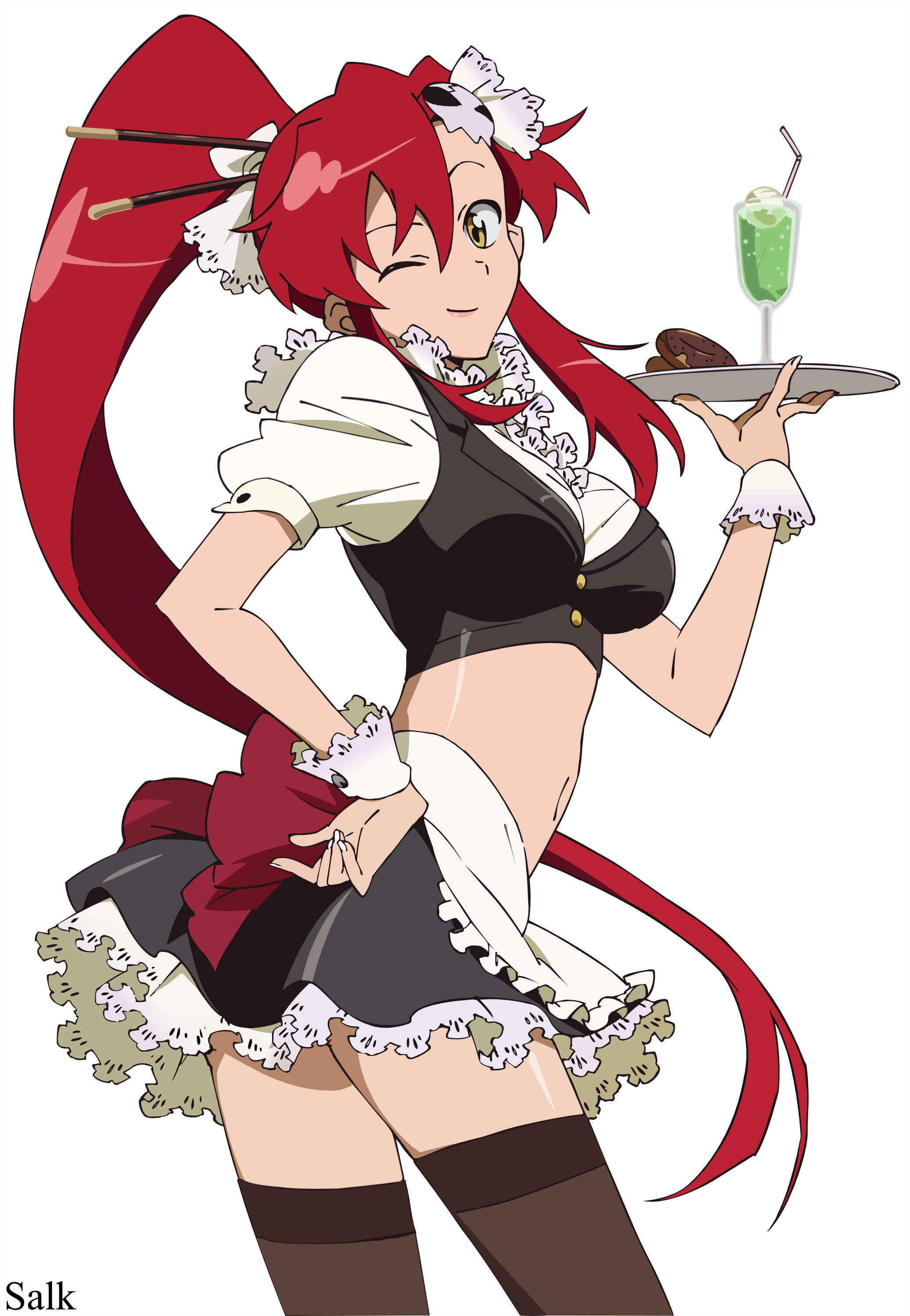 yoko littner, pieces of sweet stars, tengen toppa gurren lagann, absurdres, derivative work, highres, vector trace, 00s, 1girl, blouse, brown thighhighs, cup, donut, drink, drinking glass, female focus, food, hand on own hip, high ponytail, long hair, miniskirt, one eye closed, pocky, ponytail, shirt, skirt, solo, standing, thighhighs, transparent background, tray, very long hair, waitress, white shirt, wink