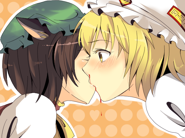 avix, chen, yakumo ran, touhou, bad id, bad pixiv id, 2girls, animal ears, blonde hair, blood, blush, brown hair, cat ears, cat girl, closed eyes, female focus, hat, kiss, multiple girls, nosebleed, short hair, yellow eyes, yuri