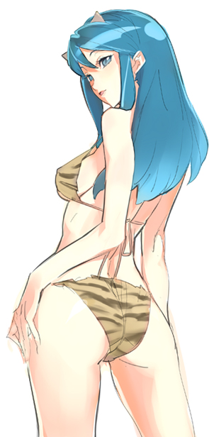nishieda, lum, urusei yatsura, 1girl, animal print, aqua hair, ass, back, bikini, cone horns, female focus, horns, long hair, looking back, oni, simple background, small horns, solo, swimsuit, tiger print