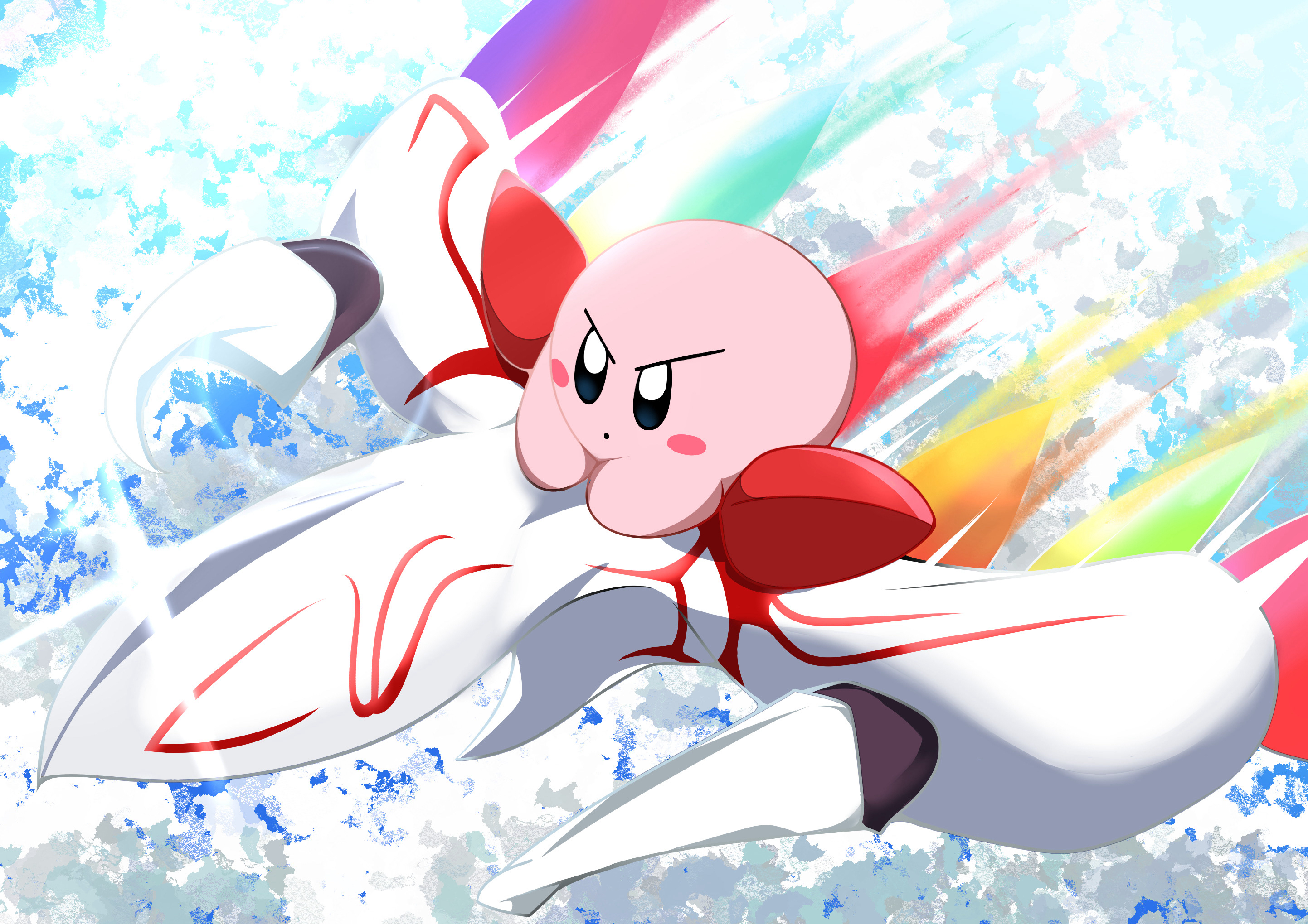 abyss kpn (ki), kirby, kirby (series), kirby air ride, nintendo, commentary request, highres, blue sky, blush stickers, colored skin, dragoon (kirby), flying, no humans, pink skin, riding, sky, solo, sparkle
