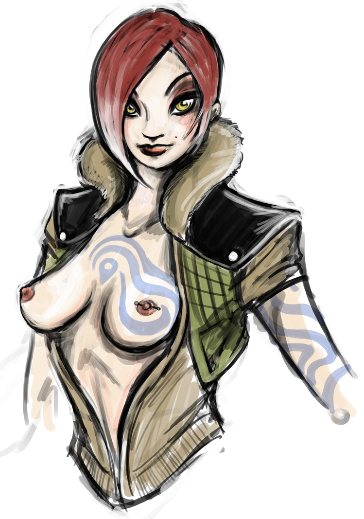 lilith (borderlands), borderlands (series), 1girl, arm tattoo, arms at sides, bob cut, borderlands 1, breast tattoo, breasts, breasts apart, chest tattoo, cleavage cutout, clothing cutout, cropped torso, female focus, fur-trimmed vest, fur trim, high collar, jacket, lipstick, makeup, mole, nipple piercing, nipples, no bra, open clothes, open jacket, piercing, red hair, short hair, simple background, sketch, smile, solo, swept bangs, tattoo, unzipped, vest, white background, yellow eyes