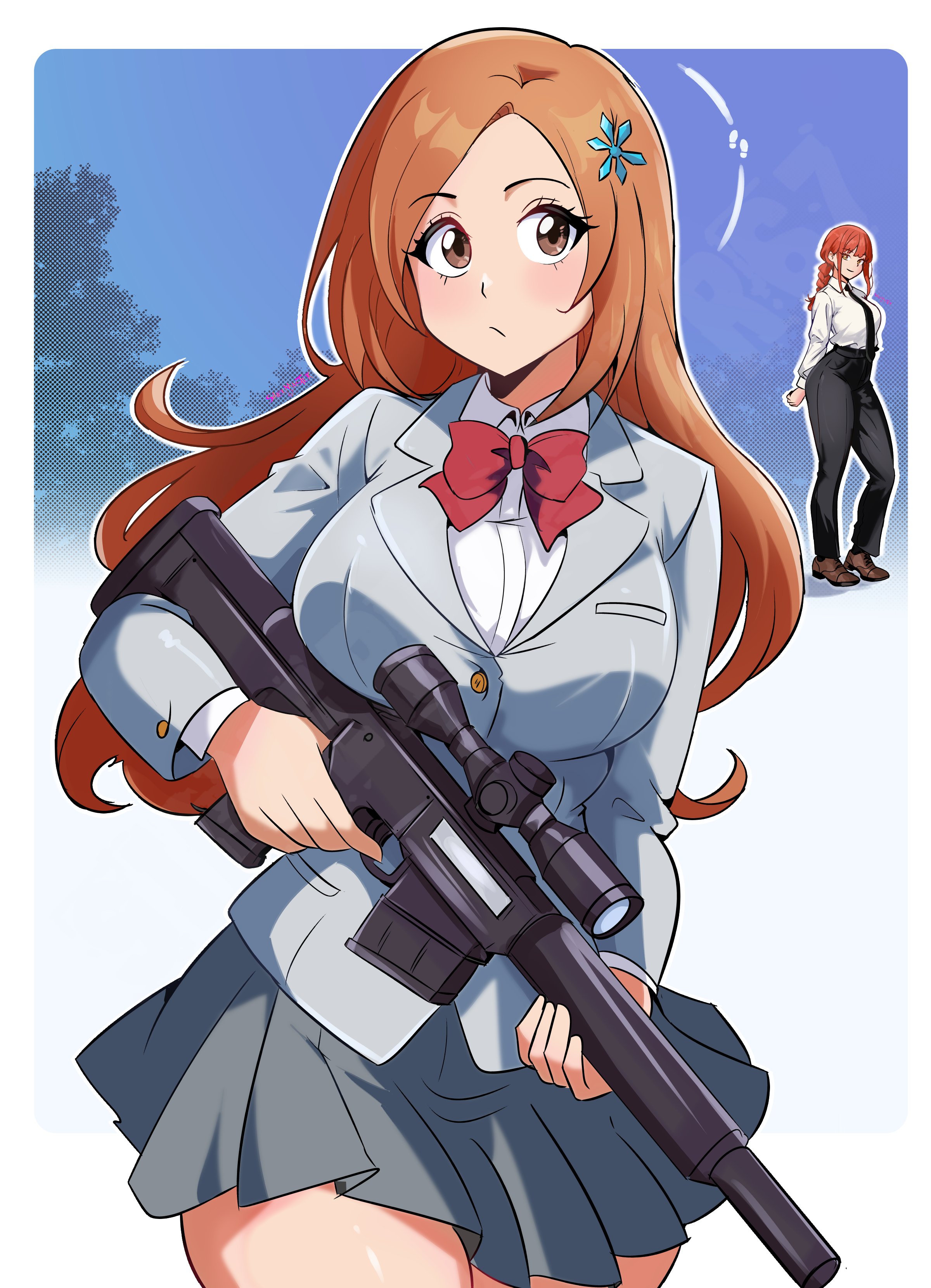 master67silver, inoue orihime, makima (chainsaw man), bleach, bleach: sennen kessen-hen, chainsaw man, fortnite, highres, 2girls, arms behind back, black pants, border, bow, braid, braided ponytail, breasts, brown eyes, closed mouth, crossover, gun, hair ornament, hairclip, holding, holding gun, holding weapon, karakura high school uniform, large breasts, long hair, multiple girls, necktie, orange hair, pants, red bow, red hair, ringed eyes, school uniform, shiny skin, skirt, smile, snowflake hair ornament, weapon, white border, yellow eyes