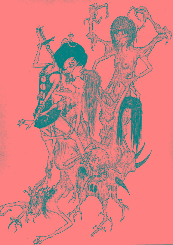 djinnkitty, black hair, deformed, knife, monochrome, monster, nightmare fuel, scared, tears, tentacles