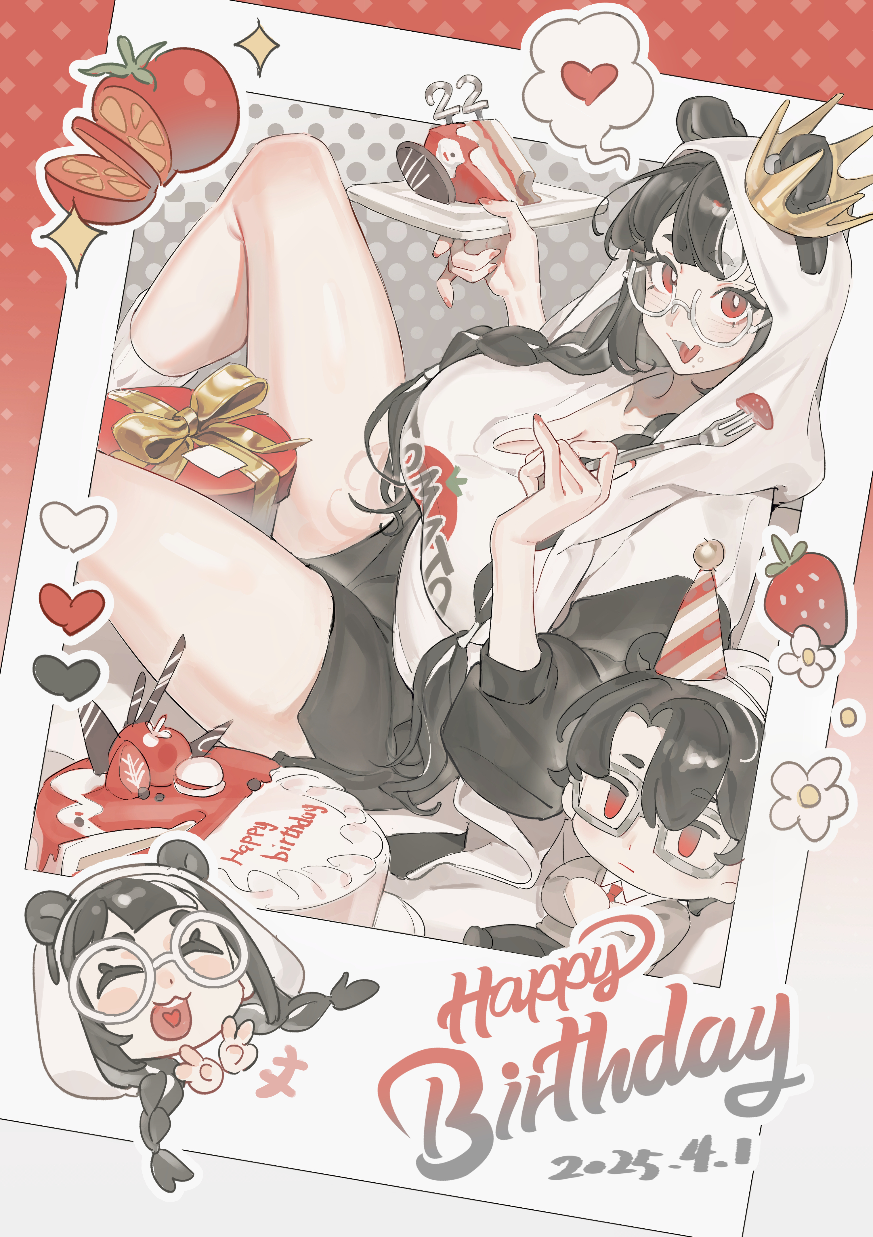 xiongmao renjian, original, absurdres, chinese commentary, commentary request, highres, 1girl, 2025, animal costume, baijianzi (bb panda bb), black hair, box, braid, breasts, cake, chibi, crown, doll, food, fruit, gift, gift box, happy birthday, holding, holding food, hood, hoodie, huge breasts, multicolored hair, panda costume, round eyewear, shorts, socks, solo, strawberry, streaked hair, thighs, tomato, twin braids, white hoodie, white socks