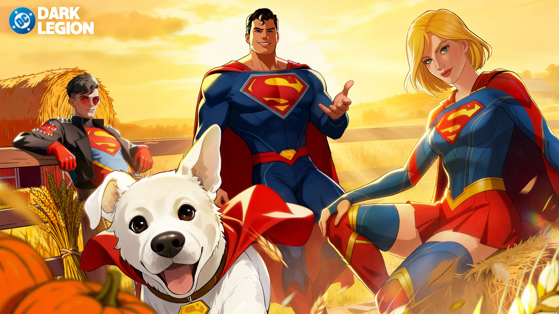 krypto the superdog, superboy, supergirl, superman, dc comics, commentary, english commentary, highres, official art, 1girl, 2boys, aqua eyes, blonde hair, blue bodysuit, blue shirt, blue thighhighs, bodysuit, boots, breasts, cape, dc: dark legion, dog, farm, full body, high heel boots, high heels, knee boots, long sleeves, medium hair, miniskirt, multiple boys, red boots, red cape, red lips, red skirt, shirt, skirt, sleeves past wrists, small breasts, spiked jacket, superman logo, thigh boots, thighhighs, thighhighs under boots, thumb hole sleeves