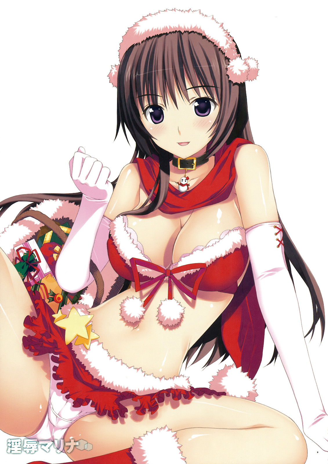 yan-yam, marina ismail, gundam, gundam 00, highres, translation request, 00s, 1girl, arm support, bare shoulders, basket, boots, breasts, brown hair, cameltoe, choker, christmas, cleavage, collar, elbow gloves, female focus, gift, gloves, large breasts, long hair, looking at viewer, midriff, miniskirt, navel, panties, pantyshot, parted lips, purple eyes, shiny skin, sitting, skirt, snowman, solo, star (symbol), underwear, upskirt, white gloves
